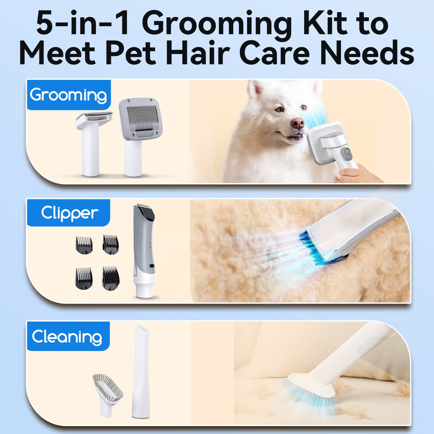 5 in 1 Pet Dog Cat Grooming Vacuum Clippers Kit with 3 Suction Mode, 3.2L Large Dust Cup for Shedding & Cleaning