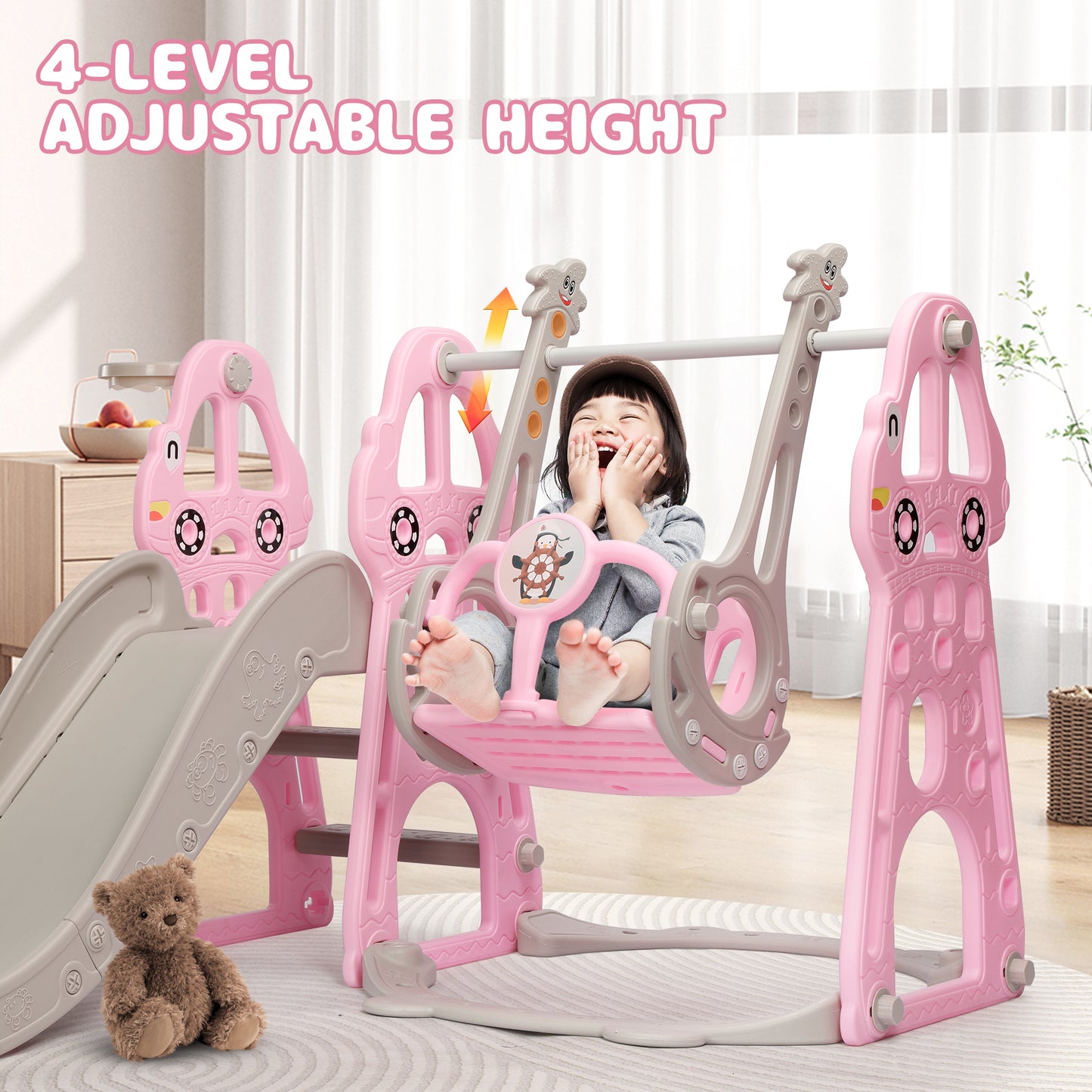 4 in 1 Toddler Swing and Slide Set,Indoor Outdoor Kids Climber Playset with Extra Long Slide,Basketball Hoop,Swing and Storage Space for Toddlers Age 1-6 Playground
