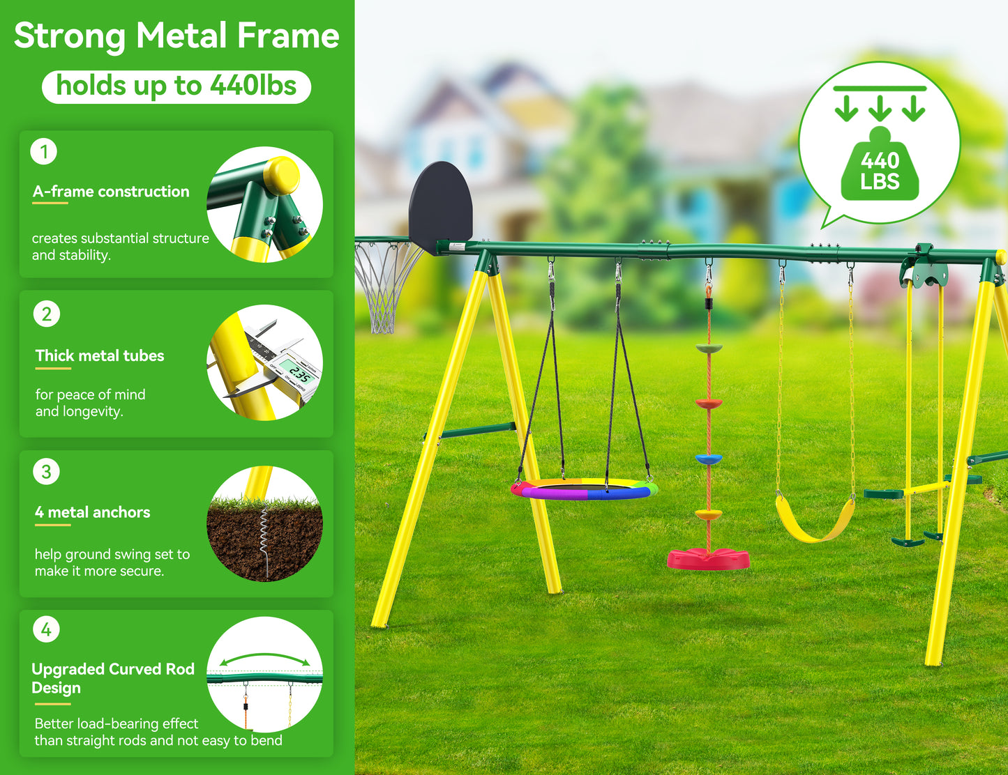 5-IN-1 Metal Swing Set for Backyard, Swing Sets Playground Swingset Outdoor for Kids with Saucer Swing/Glider/Rope Swing and Basketball Hoop