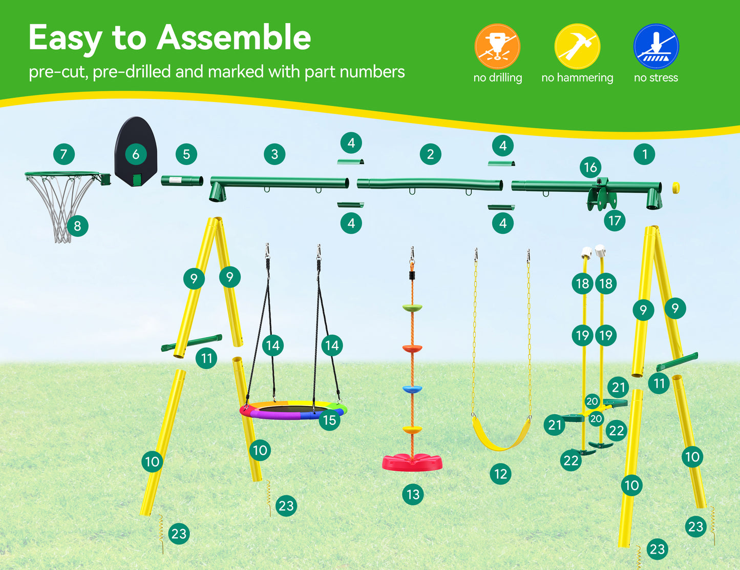 5-IN-1 Metal Swing Set for Backyard, Swing Sets Playground Swingset Outdoor for Kids with Saucer Swing/Glider/Rope Swing and Basketball Hoop