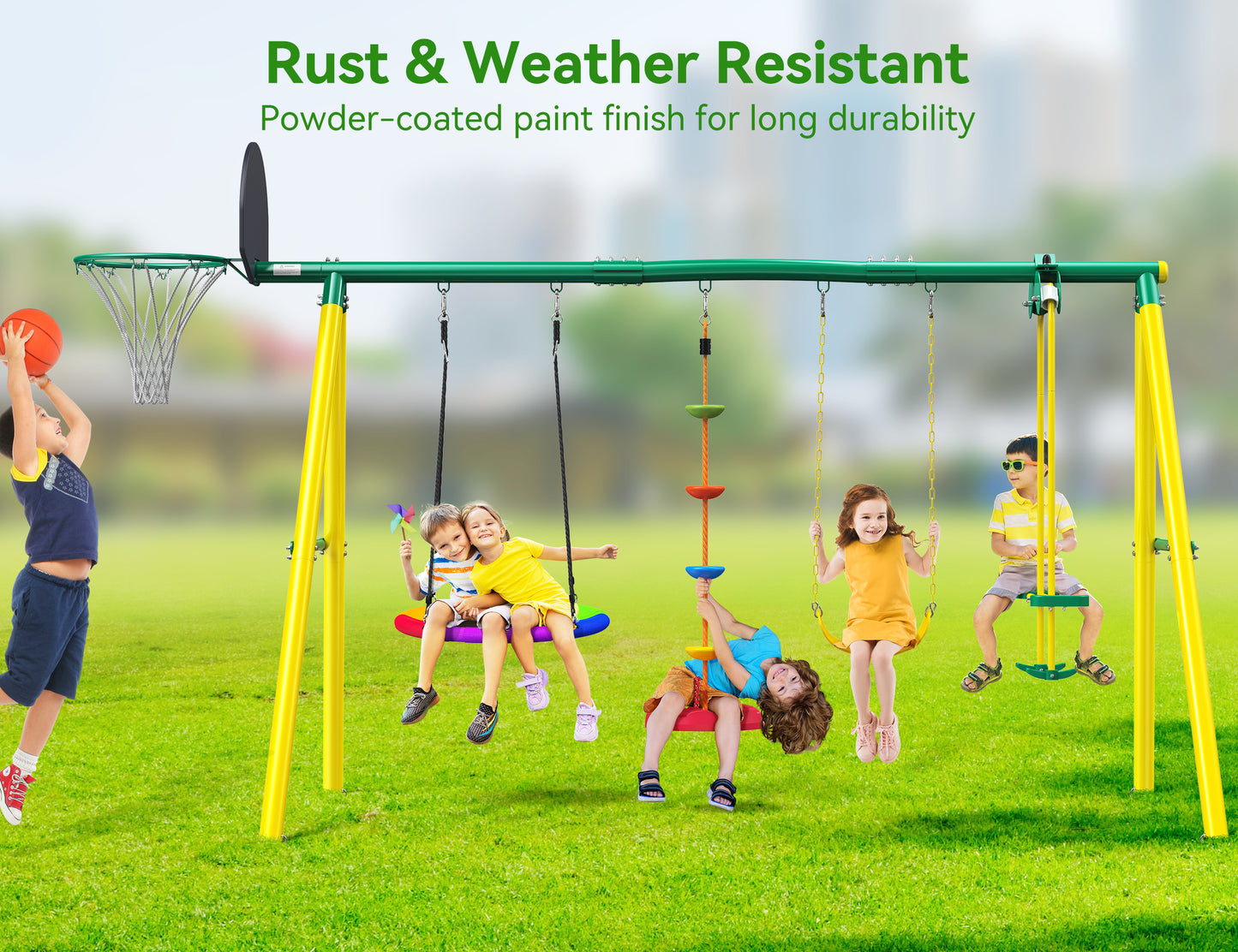 5-IN-1 Metal Swing Set for Backyard, Swing Sets Playground Swingset Outdoor for Kids with Saucer Swing/Glider/Rope Swing and Basketball Hoop