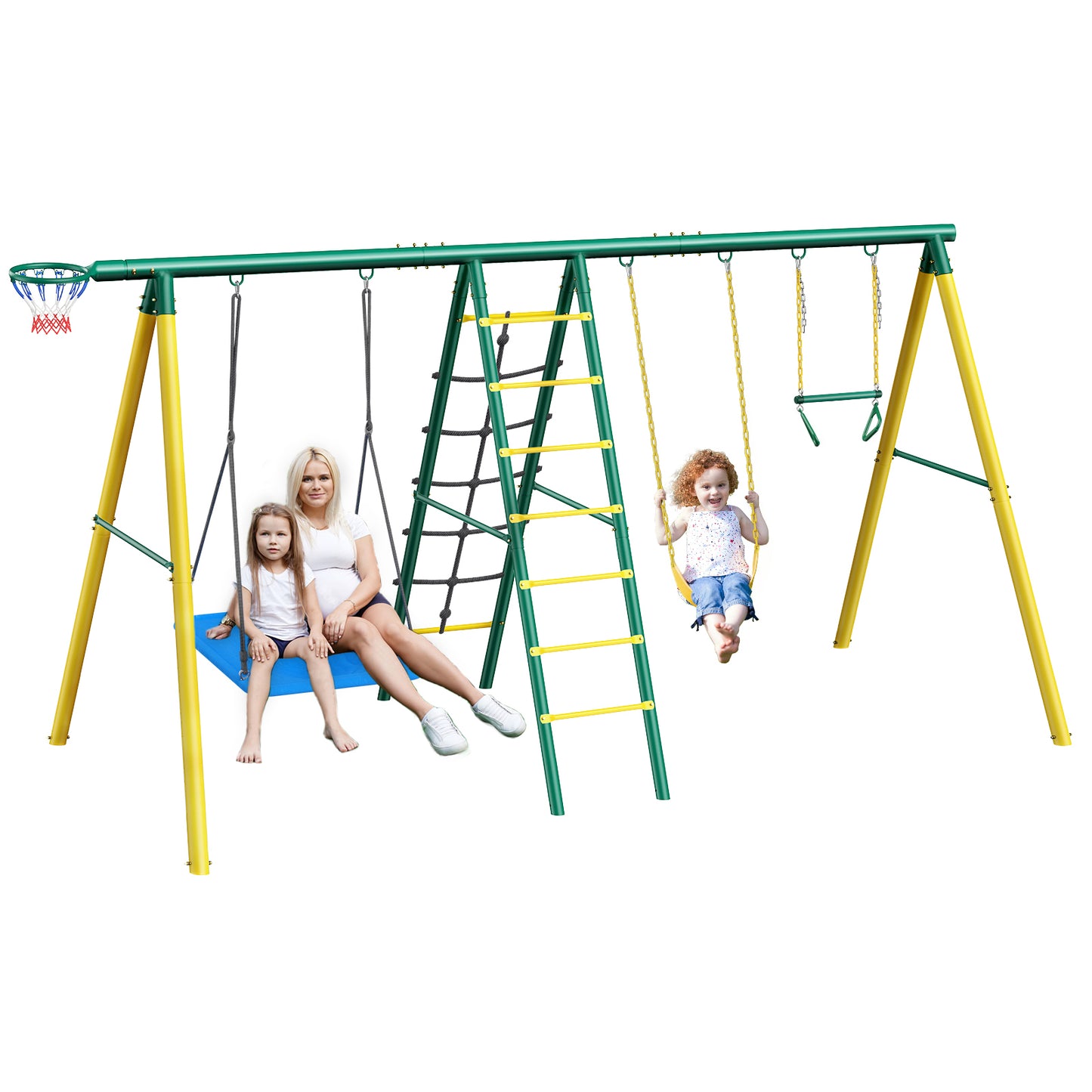 6-IN-1 Metal Swing Set for Backyard,Swing Sets Playground Swingset Outdoor for Kids with 2 Swings, Climbing Ladder & Nets, Trapeze Bar and Basketball Hoop