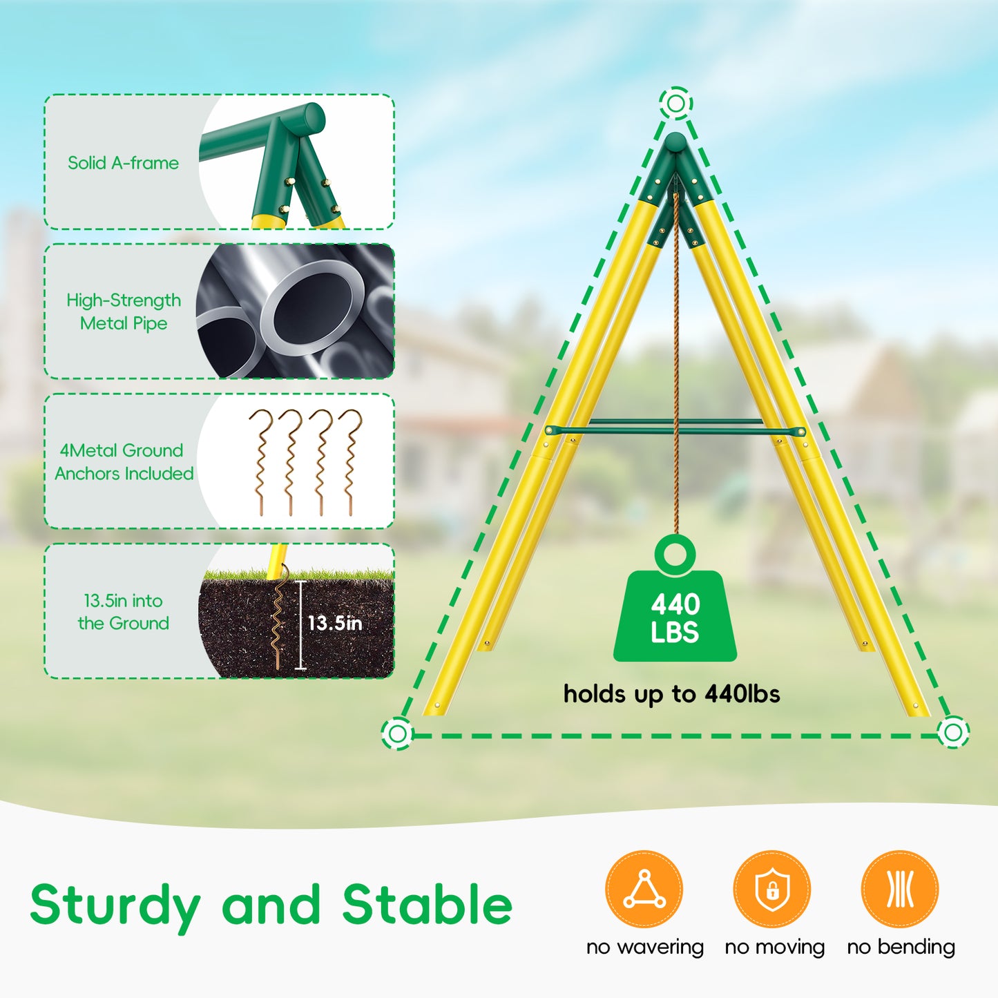 6-IN-1 Metal Swing Set for Backyard,Swing Sets Playground Swingset Outdoor for Kids with 2 Swings, Climbing Ladder & Nets, Trapeze Bar and Basketball Hoop