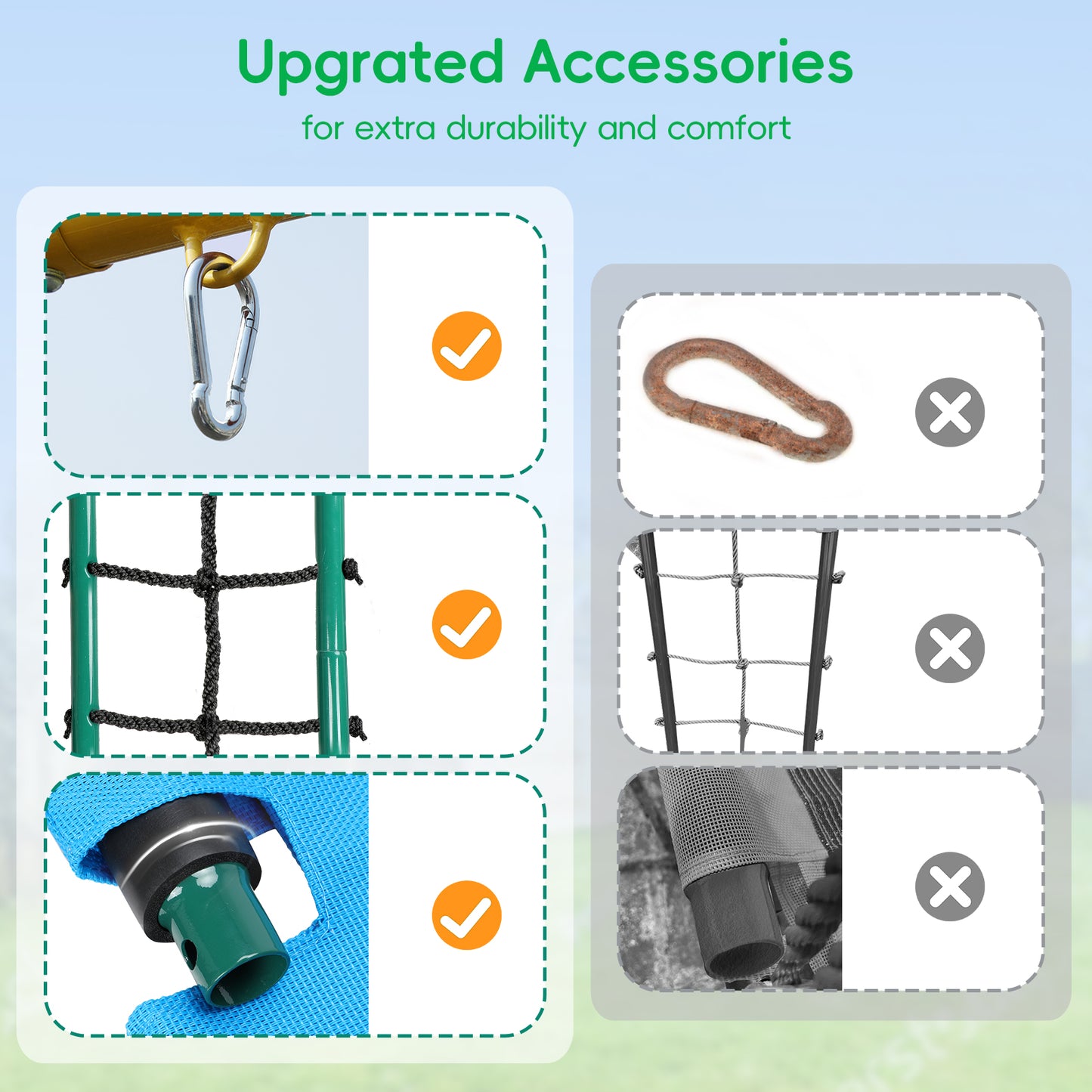 6-IN-1 Metal Swing Set for Backyard,Swing Sets Playground Swingset Outdoor for Kids with 2 Swings, Climbing Ladder & Nets, Trapeze Bar and Basketball Hoop
