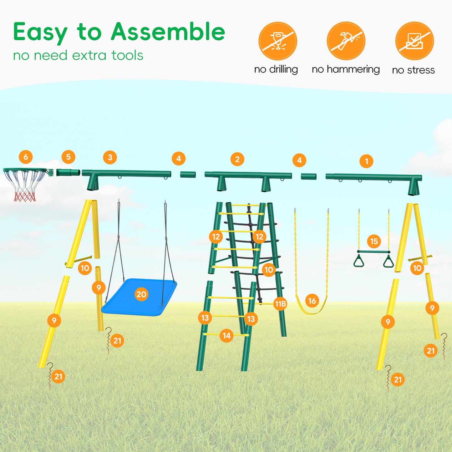 6-IN-1 Metal Swing Set for Backyard,Swing Sets Playground Swingset Outdoor for Kids with 2 Swings, Climbing Ladder & Nets, Trapeze Bar and Basketball Hoop