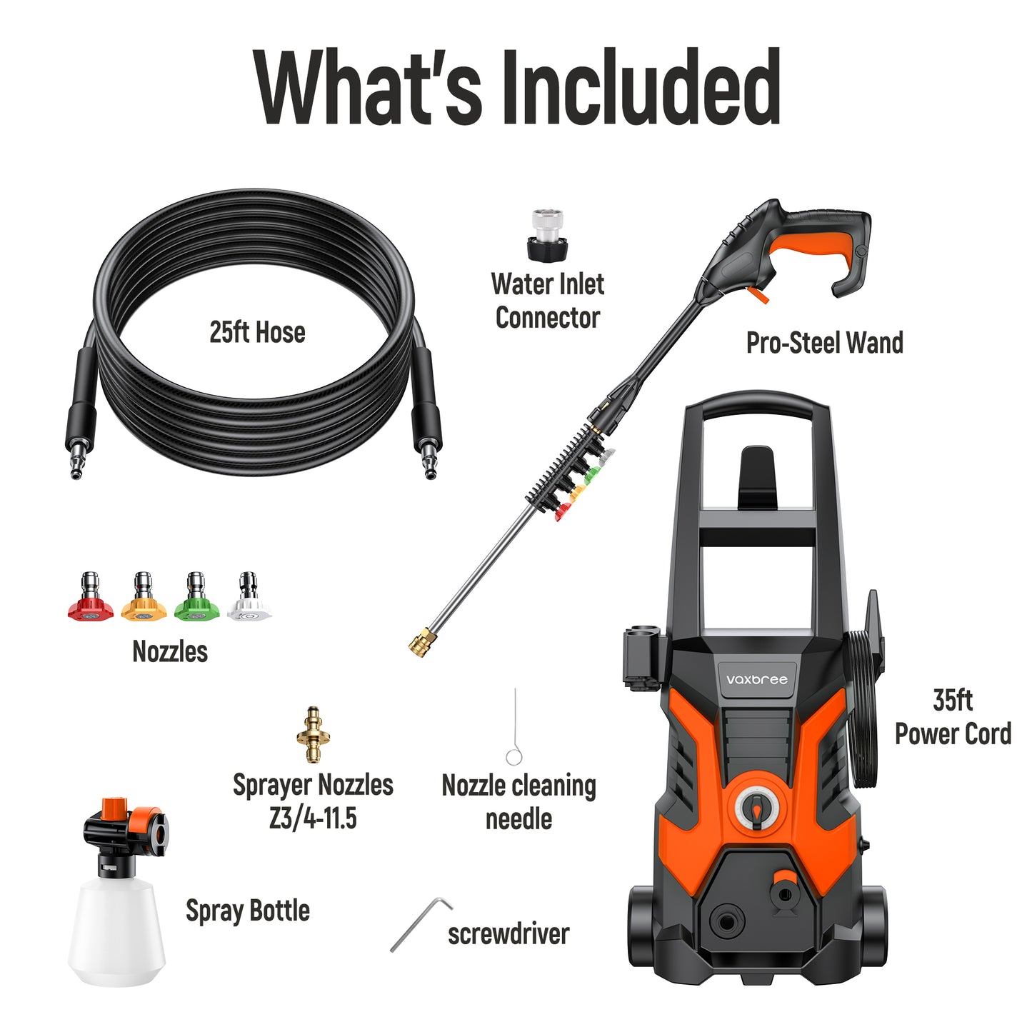 Electric Pressure Washer, EVMORE 2500 PSI Pressure Cleaner Wash Machine with Upgraded Swivel Joint, 4 Nozzles Tips 25 FT Hose for Car,Patios,Garden,Fences - Orange