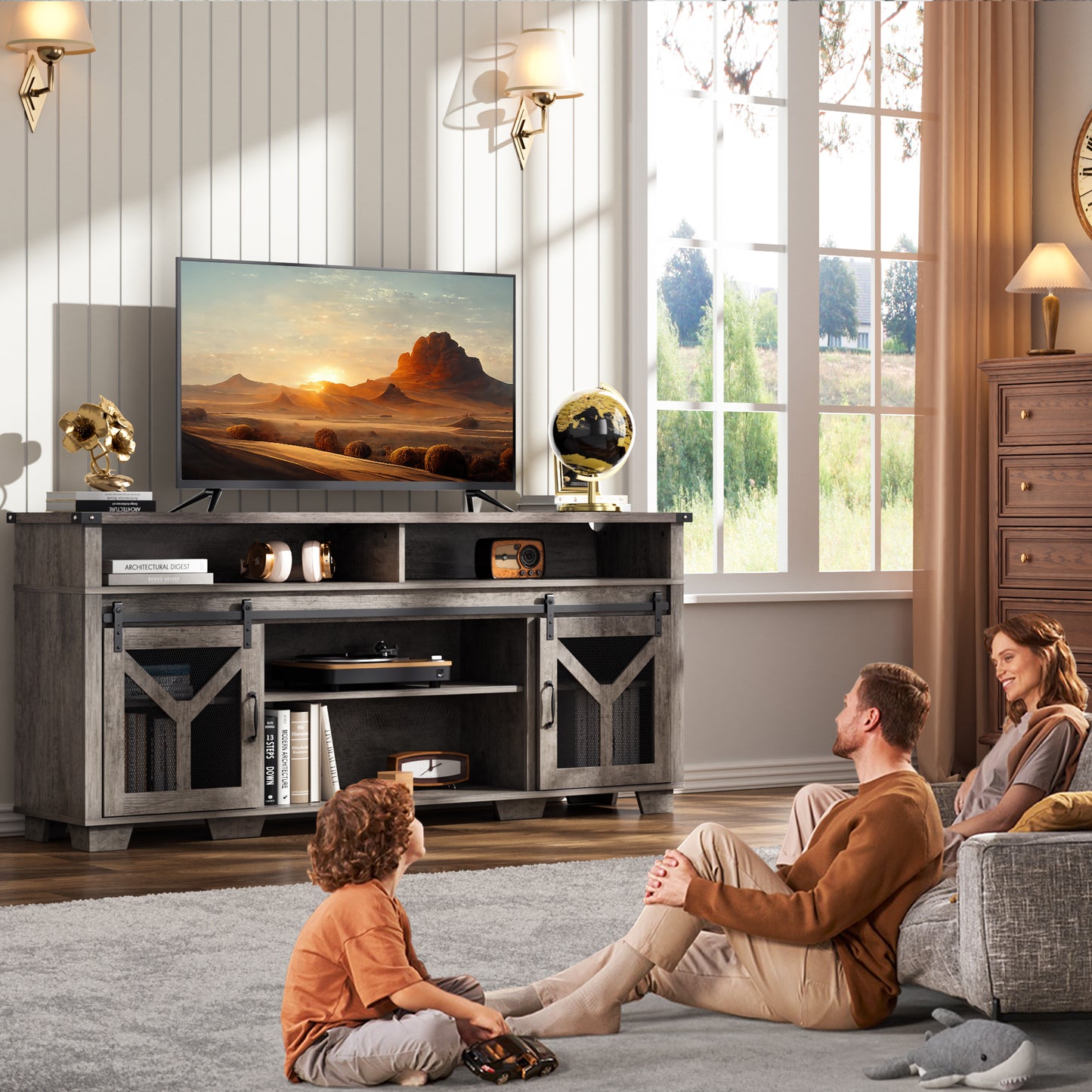 Farmhouse Barn Door LED TV Stand for 75" TVs, Entertainment Center Rustic Console Cabinet with Storage and Adjustable Shelf for Living Room Bedroom,Grey
