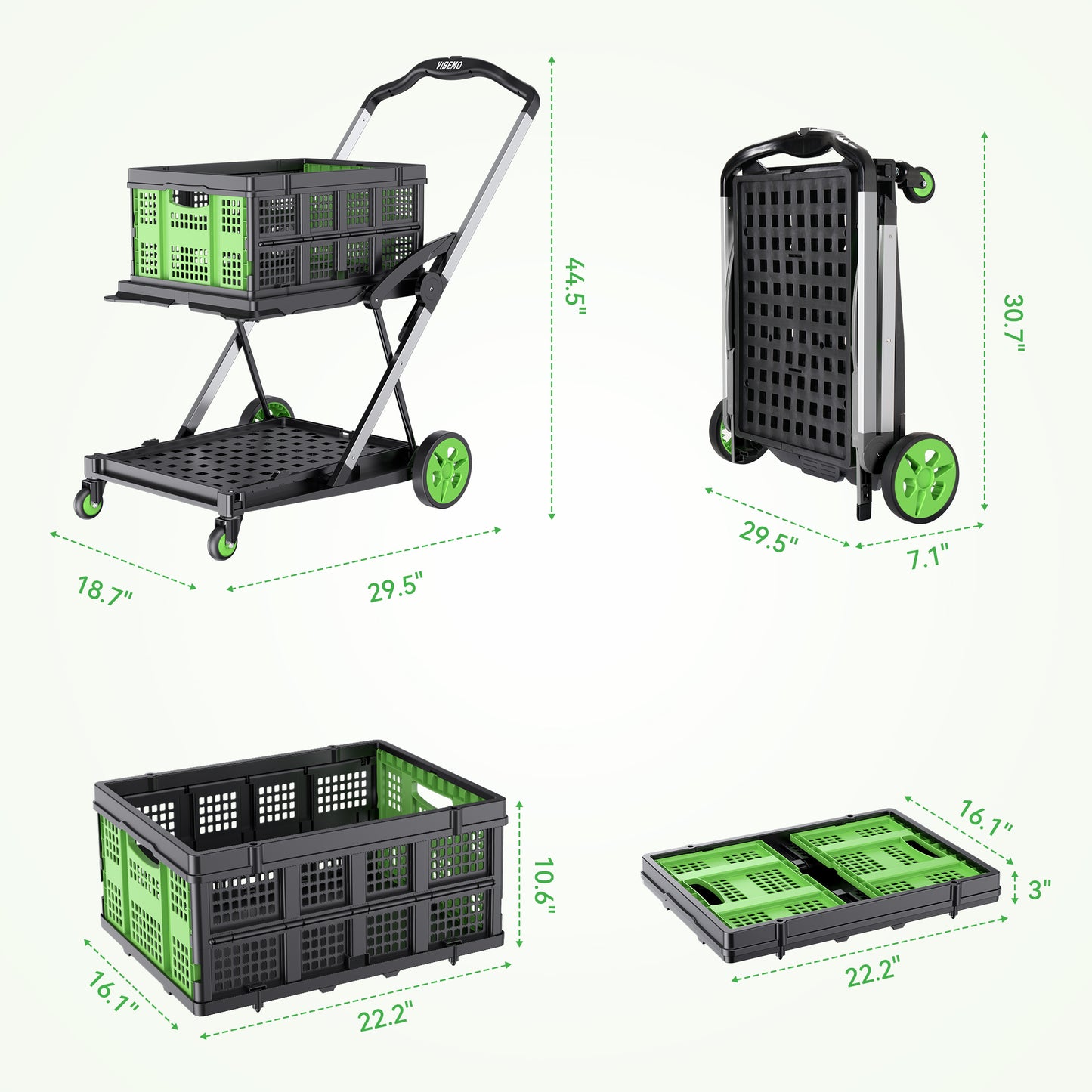 EVMORE 2-Tier Multi Use Functional Collapsible Utility Cart Adjustable Shopping Carts with Storage Crates