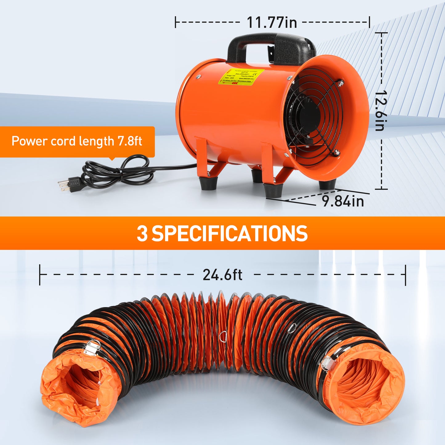 8" Industrial Utility Blower with 24.6ft Duct Hose, High Velocity Ventilation Extraction