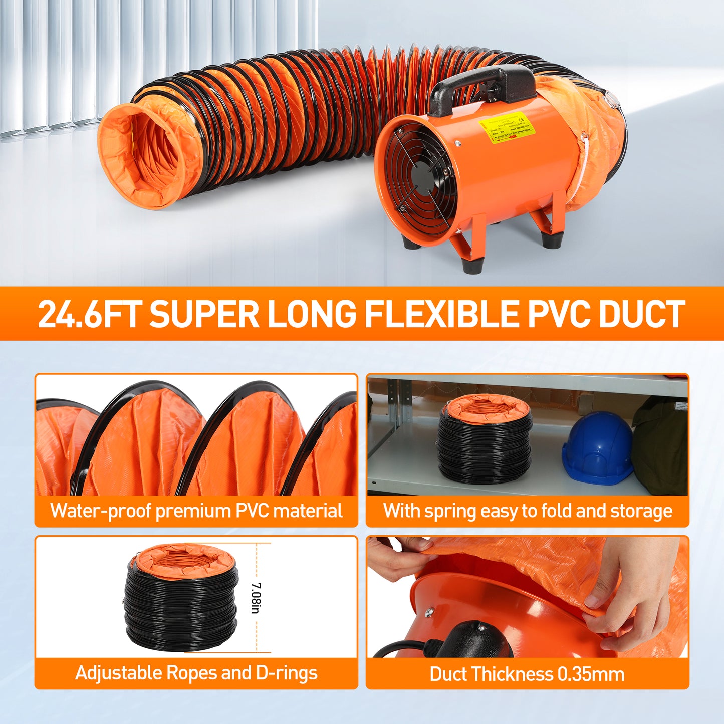 8" Industrial Utility Blower with 24.6ft Duct Hose, High Velocity Ventilation Extraction