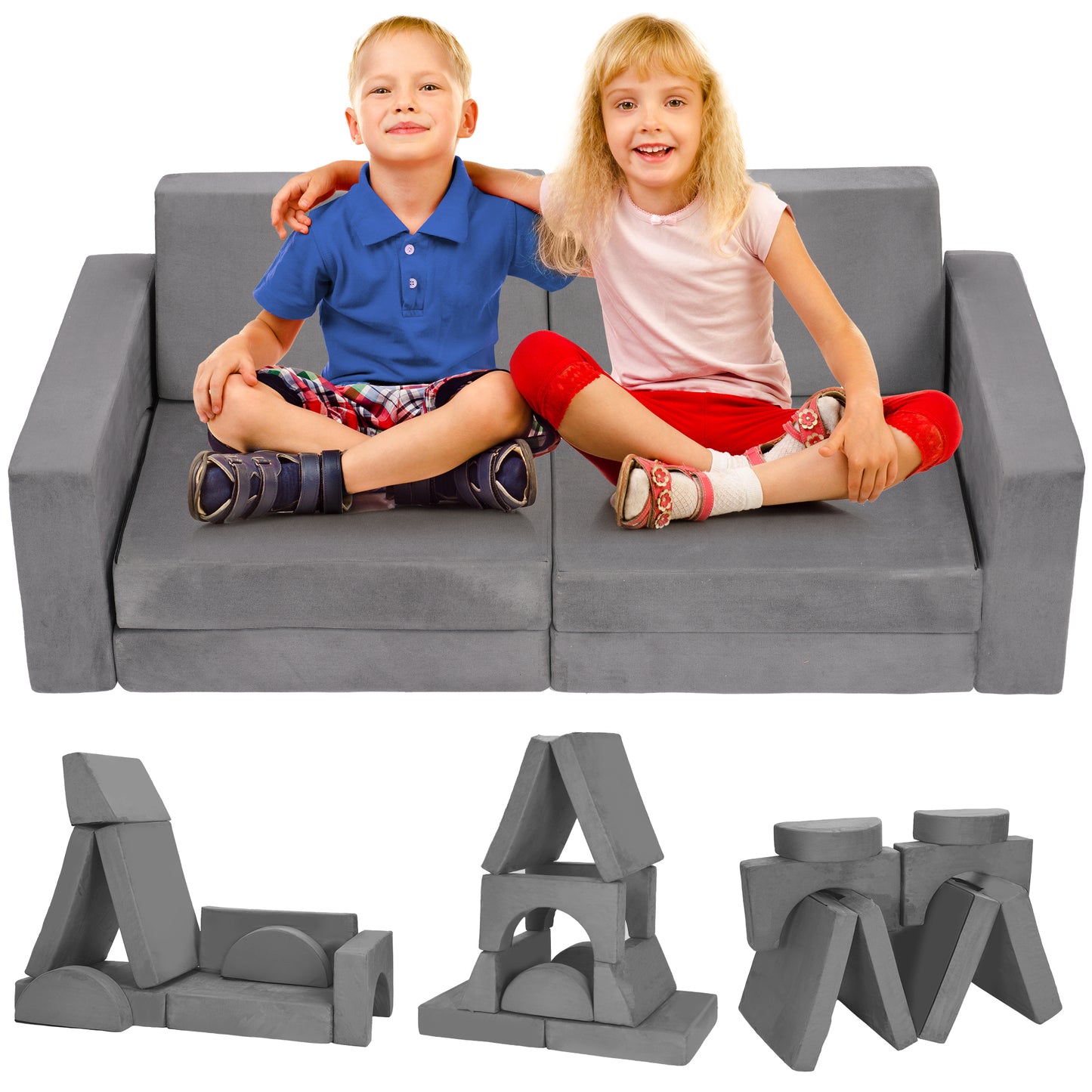 Kids Couch,EVMORE 8Pcs Modular Toddler Play Couch,Floor Sofa Imaginative Furniture Play Set for Bedroom Playroom,Convertible Folding Foam and Floor Cushion Toddlers Sofa for Creative Kids Gray