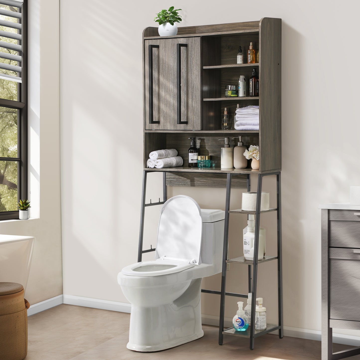 Over The Toilet Storage Cabinet with Adjustable Shelf, Freestanding Storage Rack