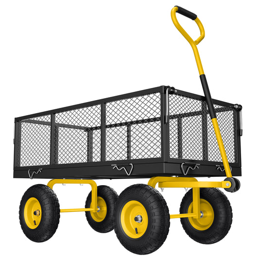 Steel Garden Cart, 2-in-1 900 lbs Heavy Duty Utility Wagon with Removable Mesh Sides, 240° U-Turn 13" Pneumatic Tires for Farm Yard Lawn Camping, Black