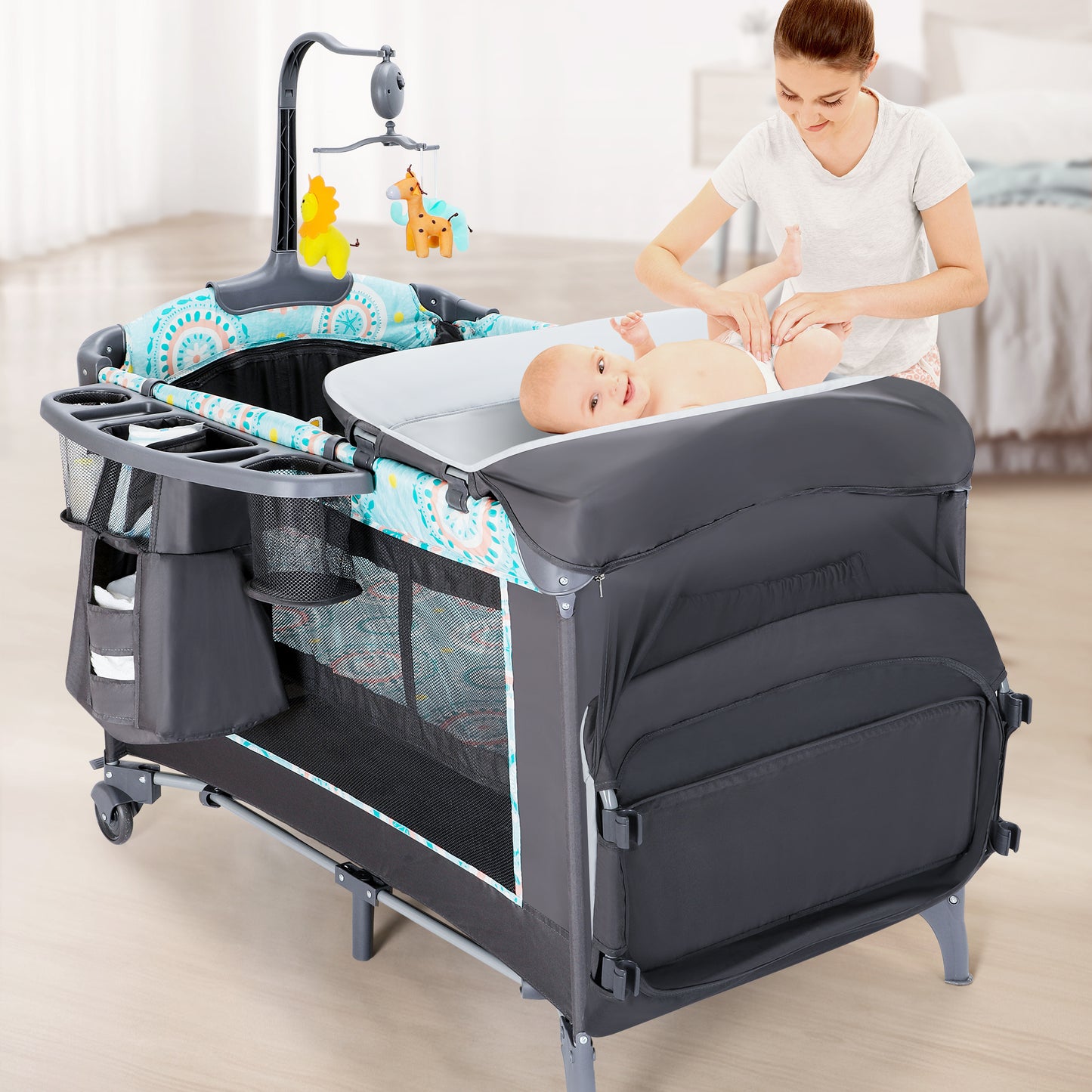 Foldable Baby Bedside Bassinet, 5-in-1 Baby Playard with Changing Table, Storage Shelf, Music for Newborn to Toddlers