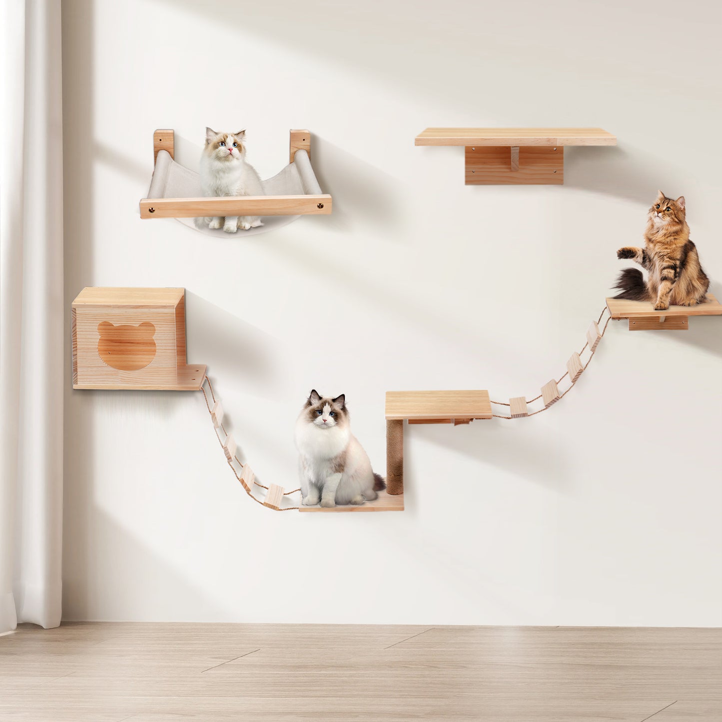 5-in-1 Cat Wall Mounted Shelves Set, Pet Climbing Furniture Sets with 1 Cat House, 2 Bridge Ladders, 1 Scratching Post, 1 Hammock and 4 Jumping Platform