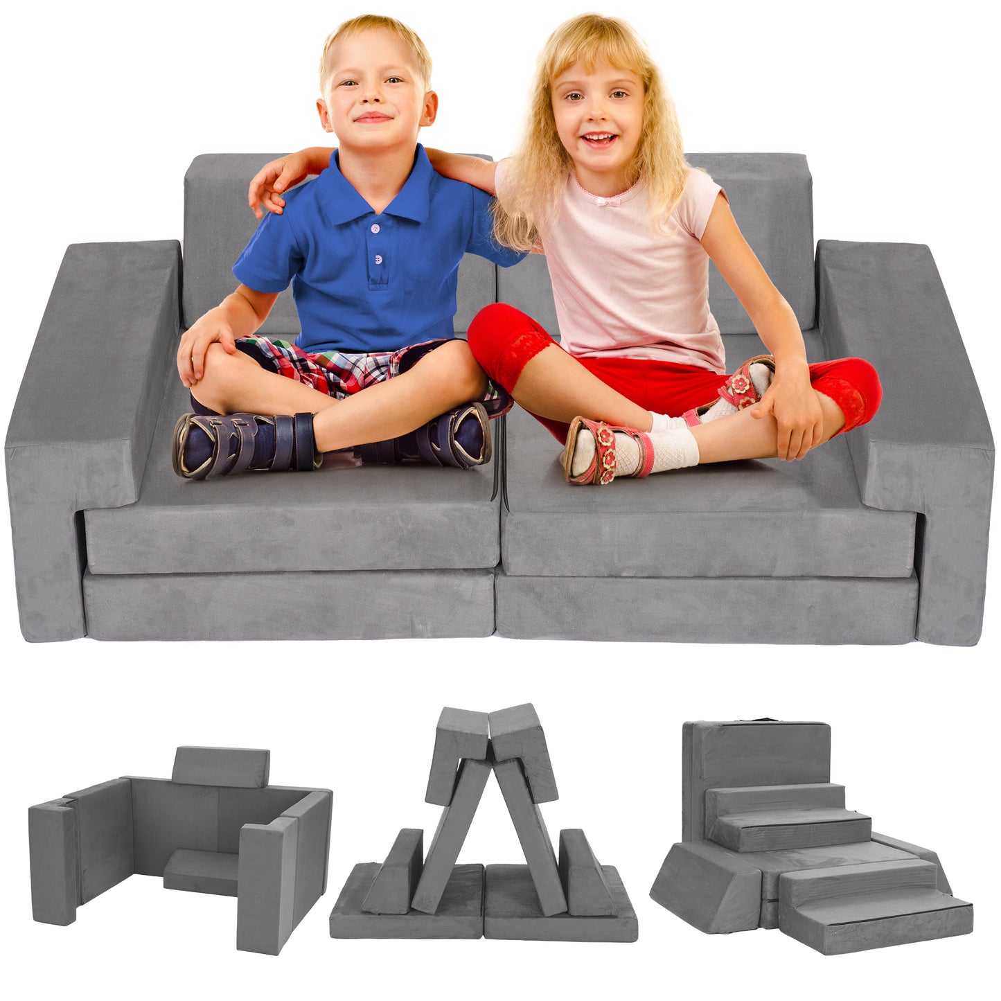 Kids Couch,EVMORE 8Pcs Modular Toddler Play Couch,Floor Sofa Imaginative Furniture Play Set for Bedroom Playroom,Convertible Folding Foam and Floor Cushion Toddlers Sofa for Creative Kids Gray