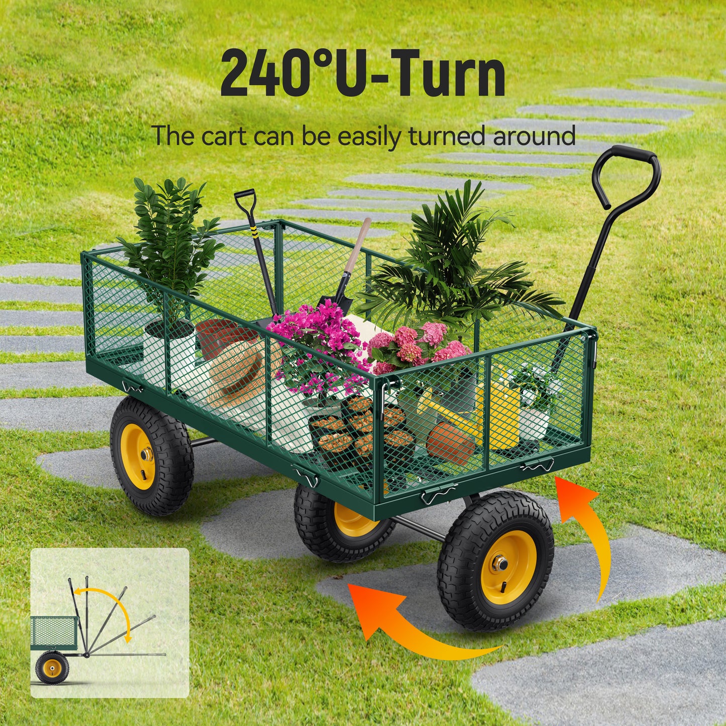 2-in-1 Steel Garden Cart, 900 lbs Heavy Duty Utility Wagon with Removable Mesh Sides, 240° U-Turn 13" Pneumatic Tires for Farm Yard Lawn Camping