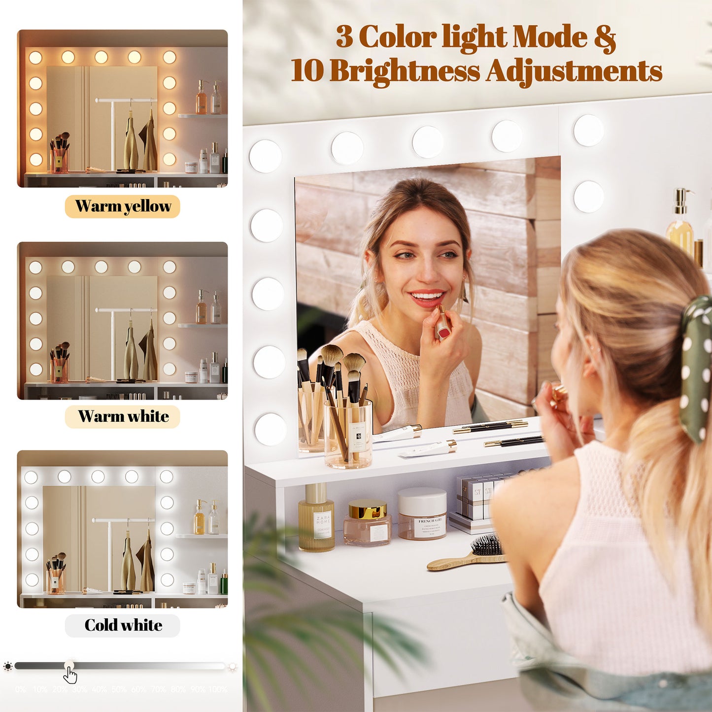 Makeup Vanity Desk with Mirror and Lights, Adjustable Brightness & 3 Colour Light Modes Dresser Desk