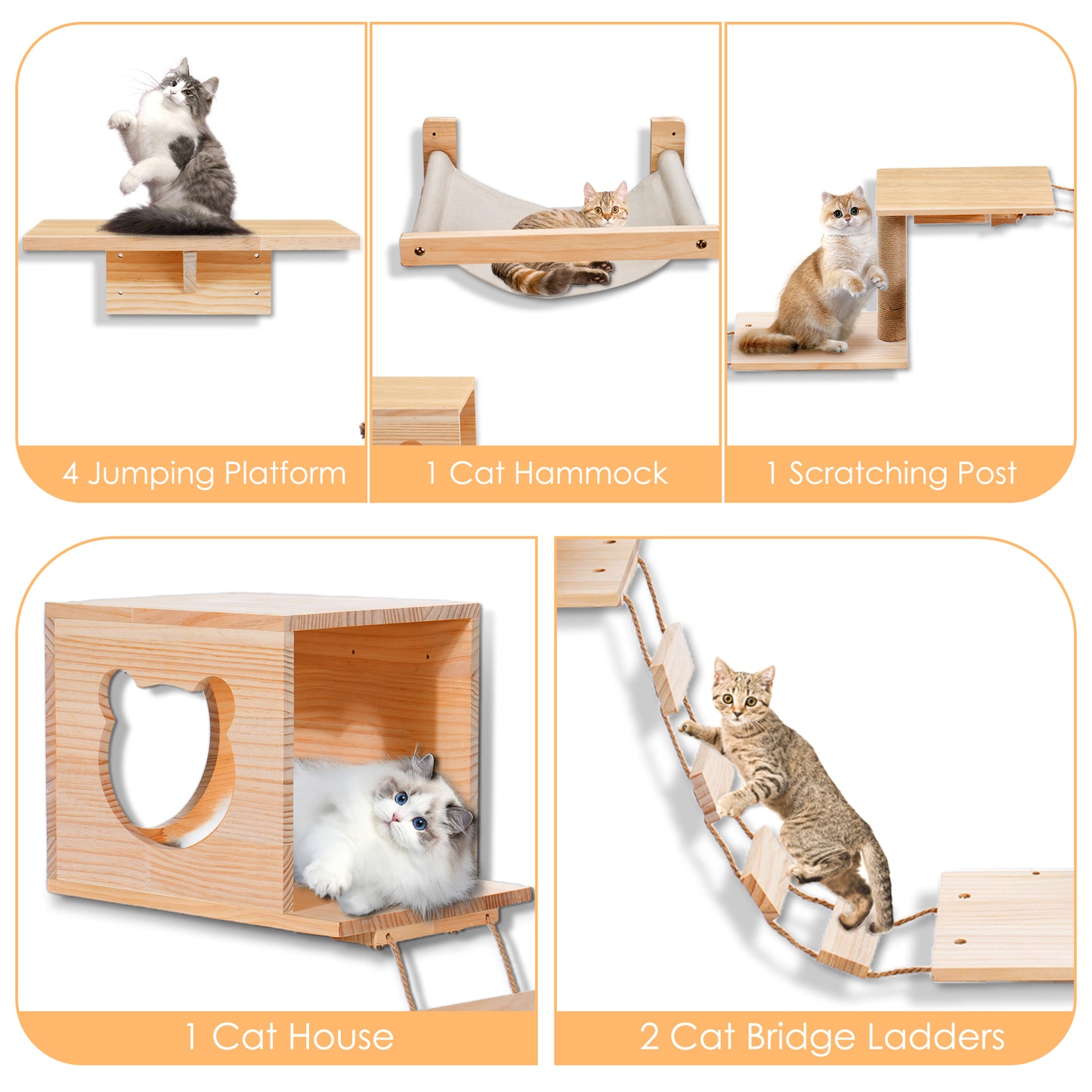 5-in-1 Cat Wall Mounted Shelves Set, Pet Climbing Furniture Sets with 1 Cat House, 2 Bridge Ladders, 1 Scratching Post, 1 Hammock and 4 Jumping Platform