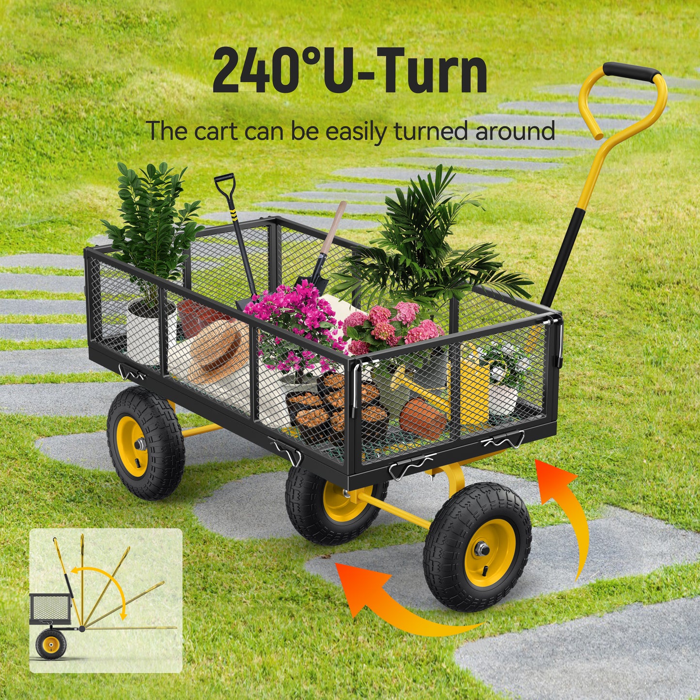 Steel Garden Cart, 2-in-1 900 lbs Heavy Duty Utility Wagon with Removable Mesh Sides, 240° U-Turn 13" Pneumatic Tires for Farm Yard Lawn Camping, Black