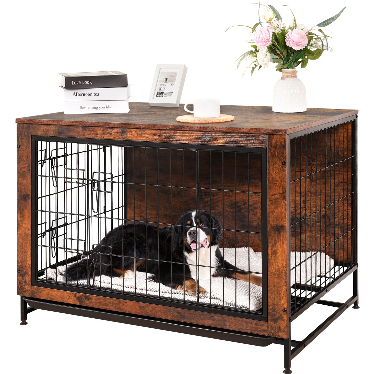 Wooden Dog Crate Furniture Kennel,EVMORE Heavy Duty Dog Crate,Double-Doors with Divider and Removable Tray,Dog Crate for Large Medium Small Dog 35.8"L x 25.6"W x 26.8"H,Brwon