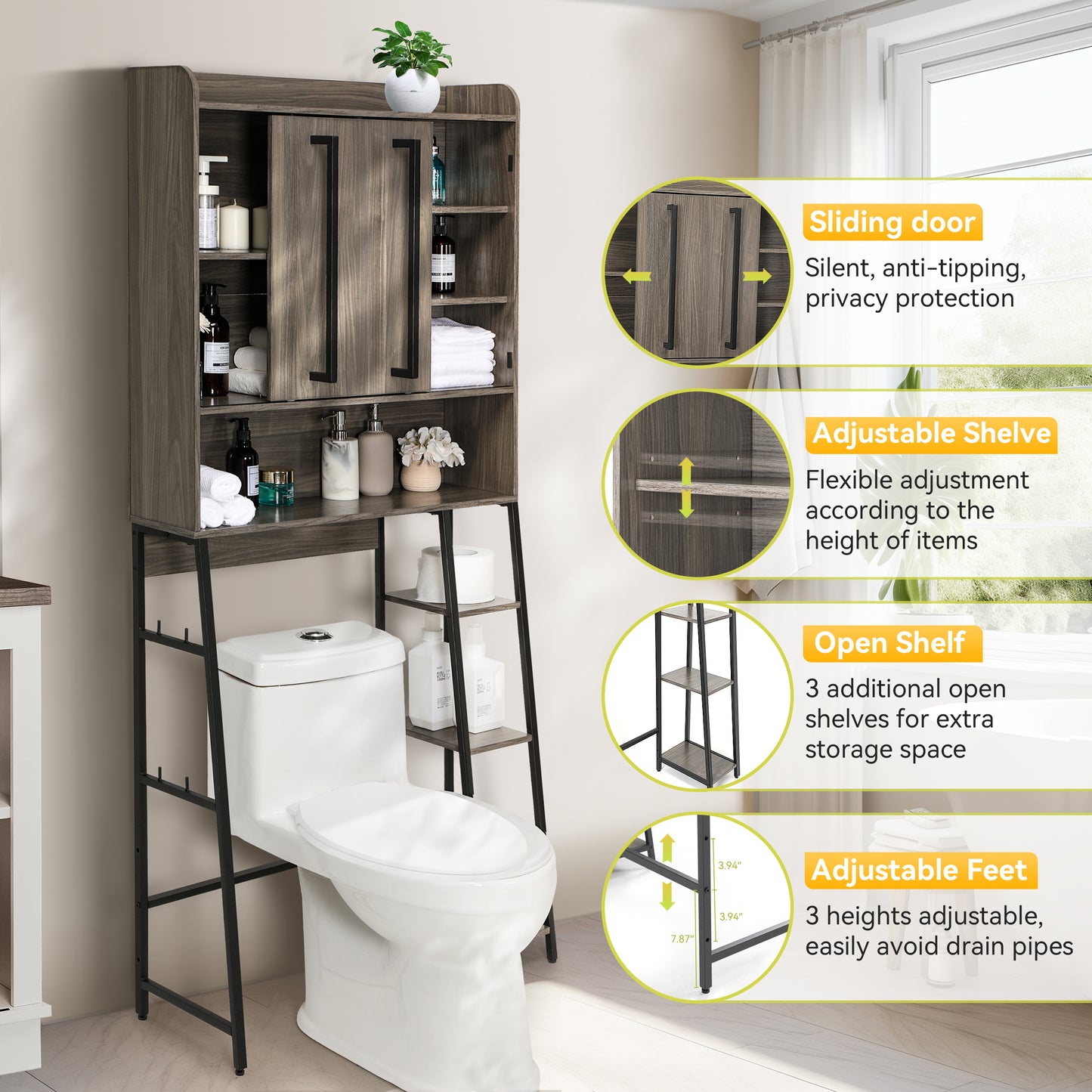 Over The Toilet Storage Cabinet with Adjustable Shelf, Freestanding Storage Rack