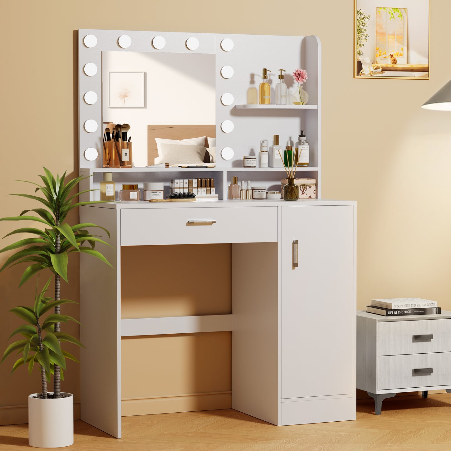 Makeup Vanity Desk with Mirror and Lights, Adjustable Brightness & 3 Colour Light Modes Dresser Desk