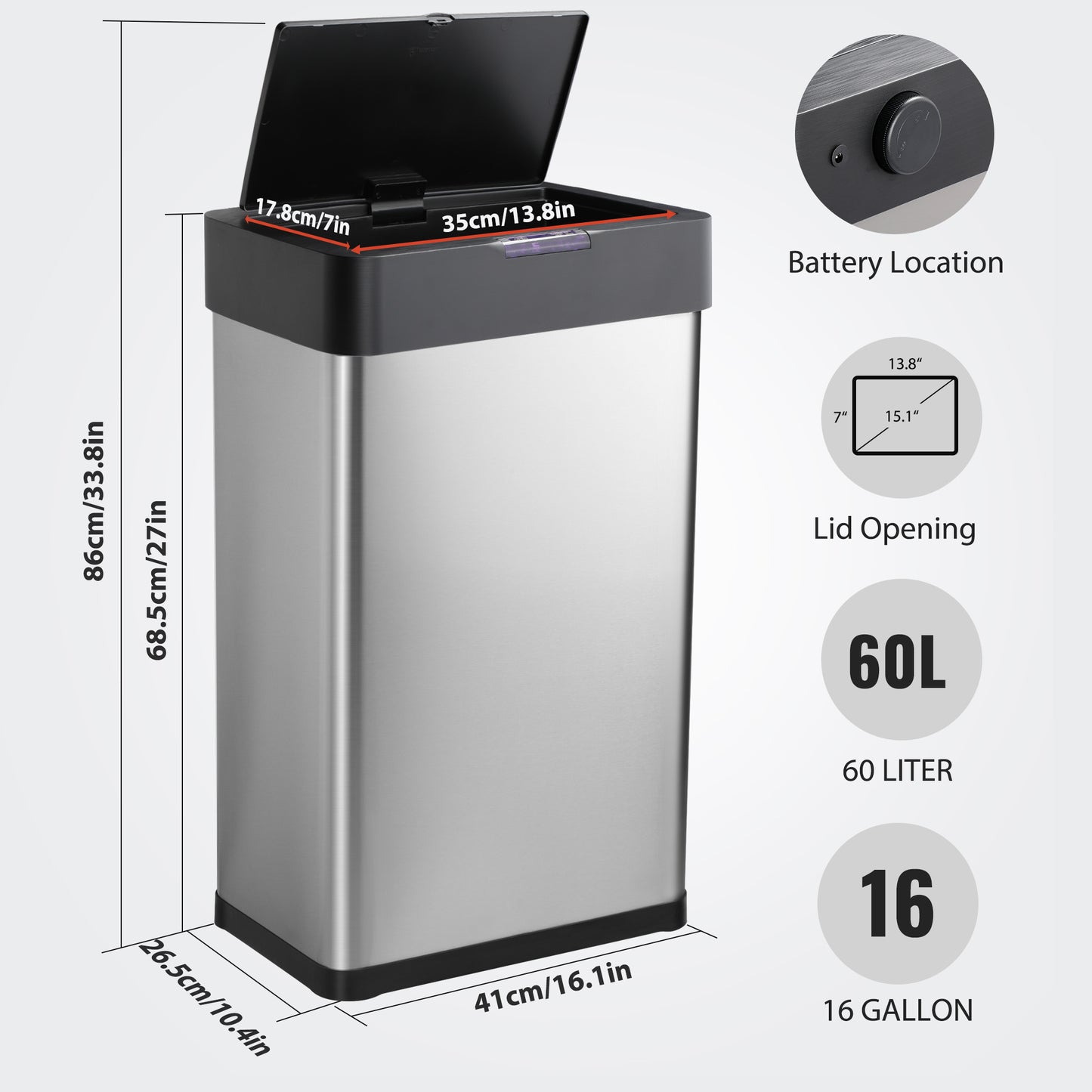 16 Gallon/60L Touchless Motion Sensor Odor-free Trash Can with Lid, Stainless Steel Garbage Bin for Kitchen Living Room Office Office