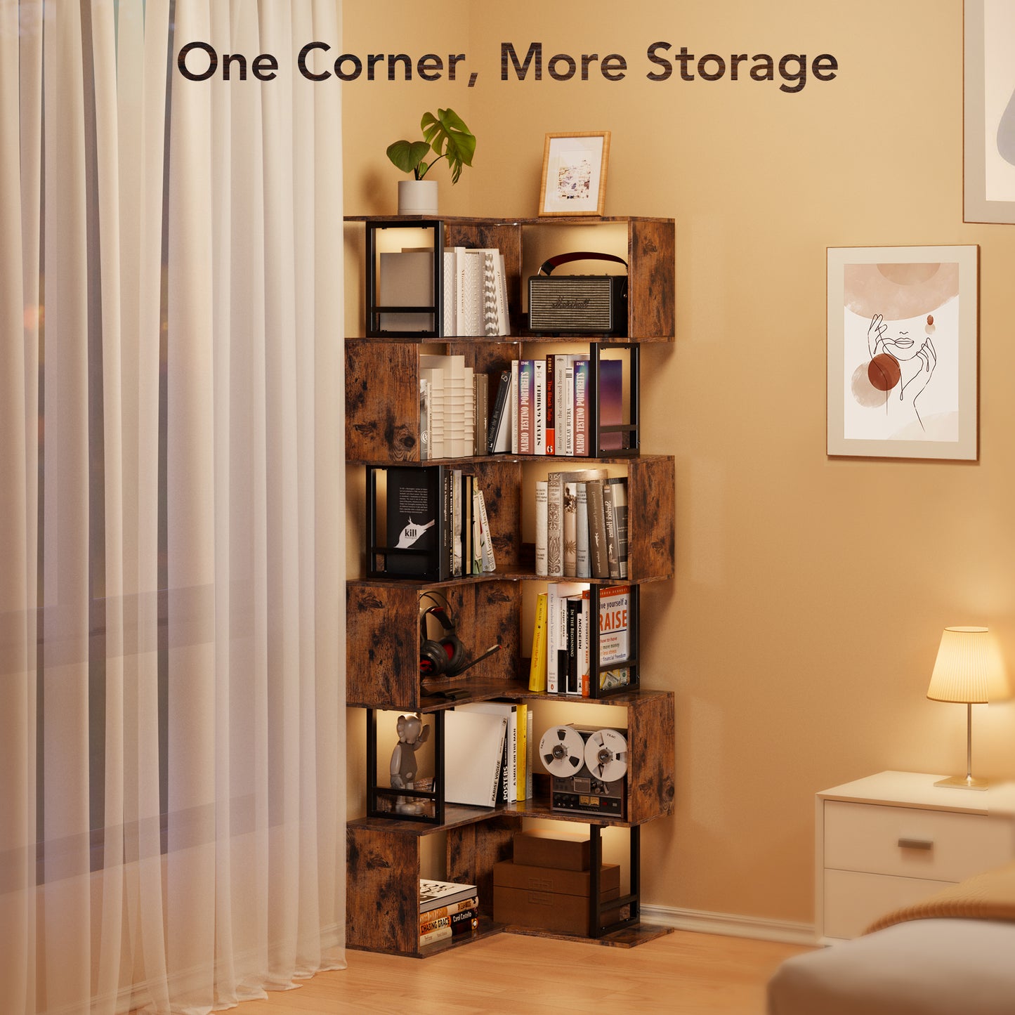 6 Tiers Geometric Bookshelf Large Corner Bookcase Storage Display Rack for Living Room Home Office