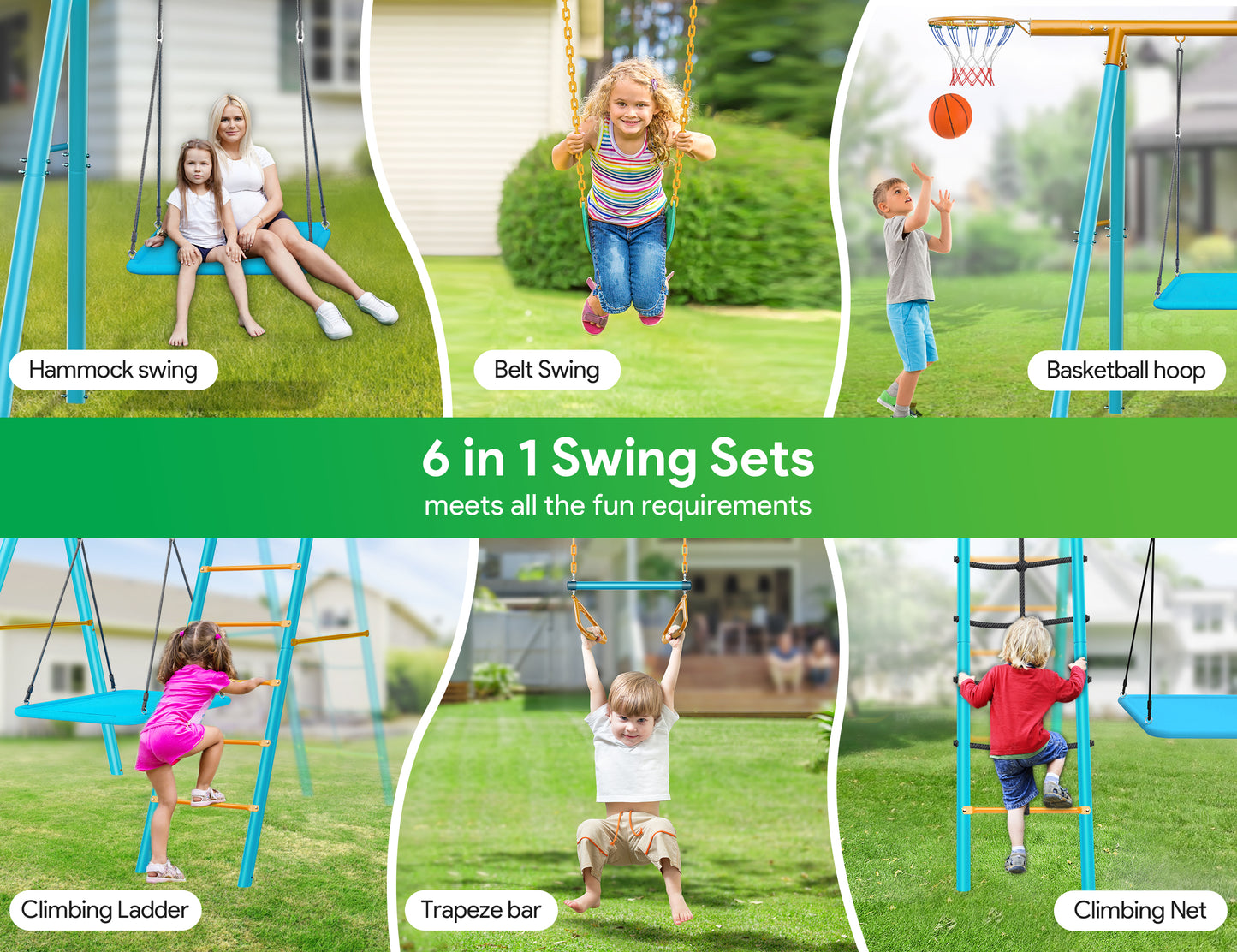 Swing Sets for Backyard,EVMORE Swingset Outdoor for Kids,440LBS Outdoor Metal 6 in 1 Swing Sets with 2 Swings Climbing Ladder and Nets and Trapeze Bar and Basketball Hoop