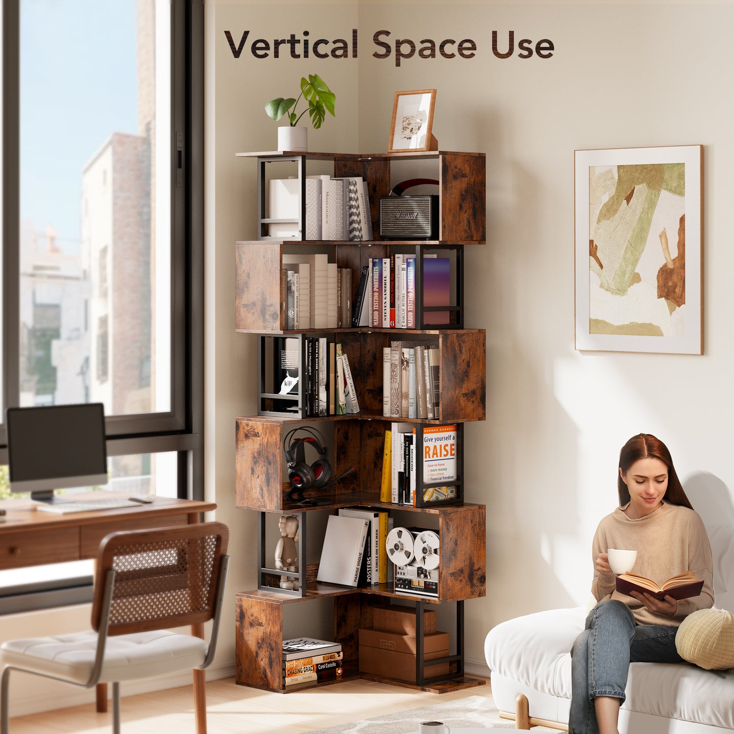 6 Tiers Geometric Bookshelf Large Corner Bookcase Storage Display Rack for Living Room Home Office