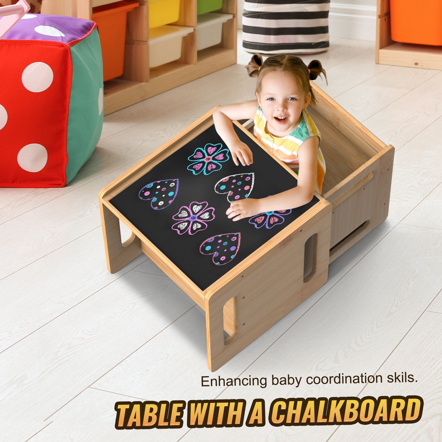 2-in-1 Weaning Table and Chair Set, Solid Wood Toddler Table Cube Chairs