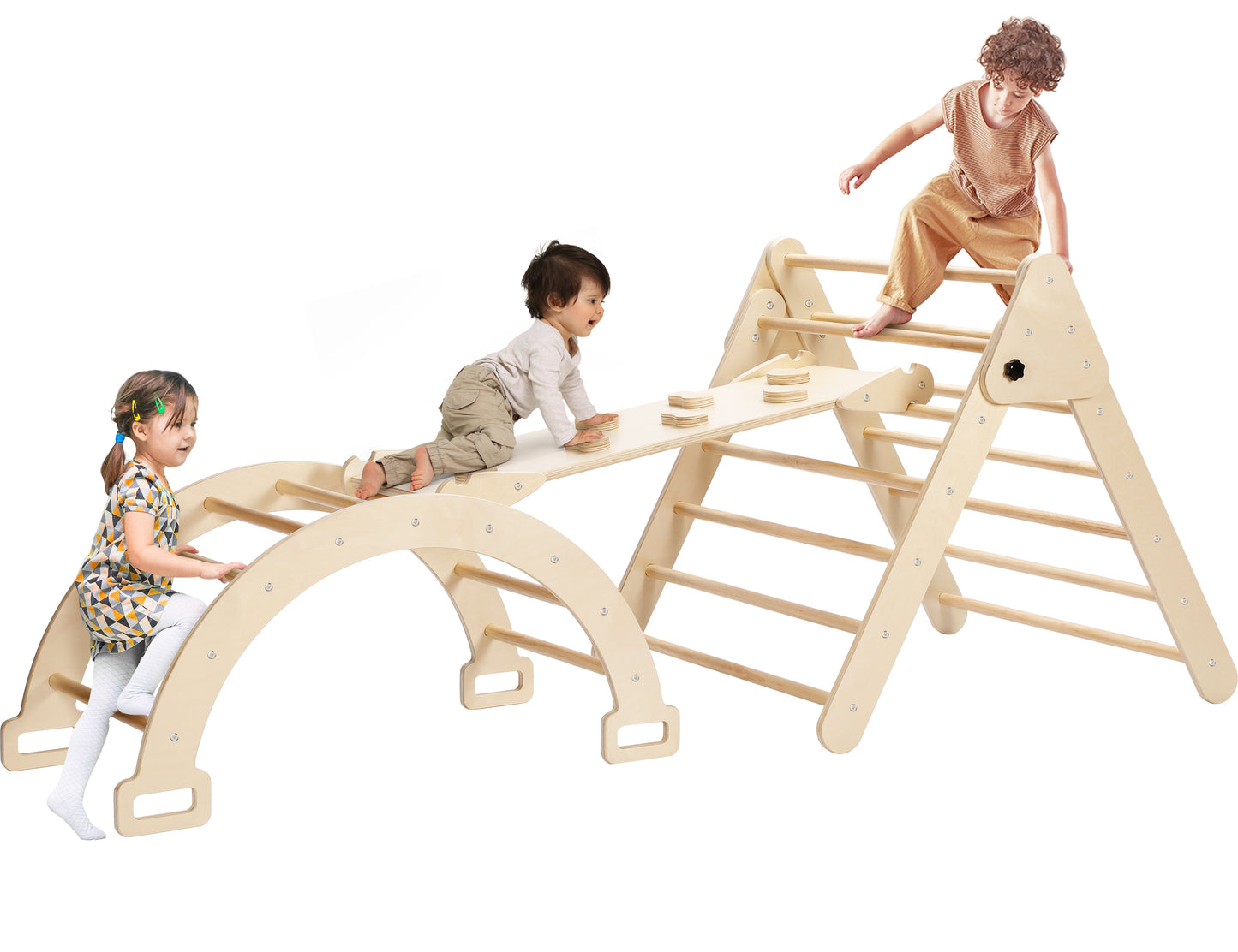 4-in-1 Wooden Climbing Toys Triangle Set Indoor Play Gym for Toddlers Kids