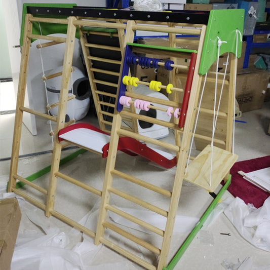 8-in-1 Indoor Playground Jungle Gym Wooden Climber Playset Slide for Toddlers Children Kids with Rope Wall Climber, Monkey Bars, Climbing Net, Swing, Colorful