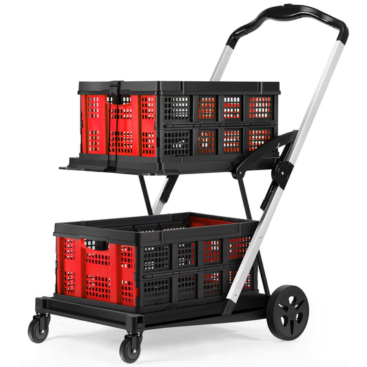 EVMORE 2-Tier Multi Use Functional Collapsible Utility Cart Adjustable Shopping Carts with Storage Crates