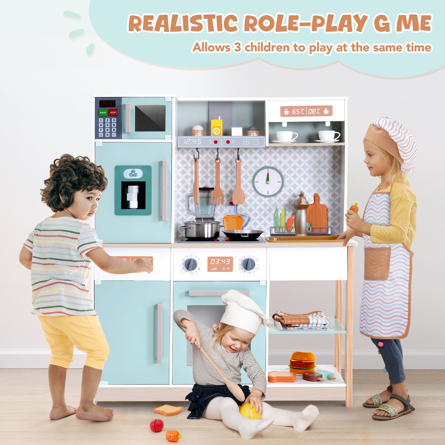 Wooden Play Kitchen Set Toy with Stove, Oven, Sink, Fridge for Kids Toddlers