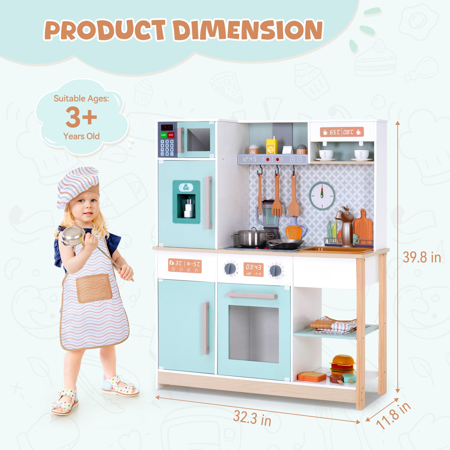 Wooden Play Kitchen Set Toy with Stove, Oven, Sink, Fridge for Kids Toddlers