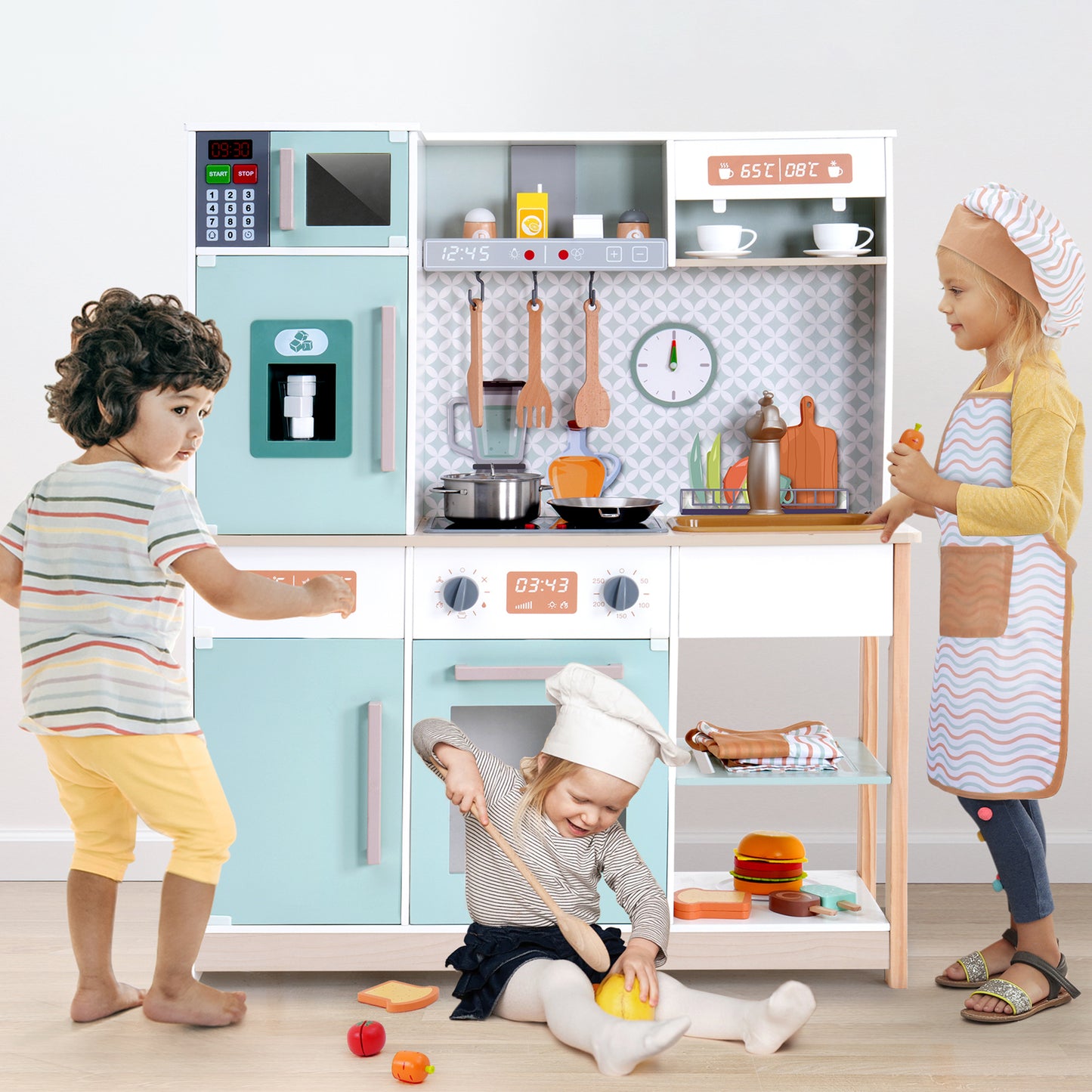 Wooden Play Kitchen Set Toy with Stove, Oven, Sink, Fridge for Kids Toddlers