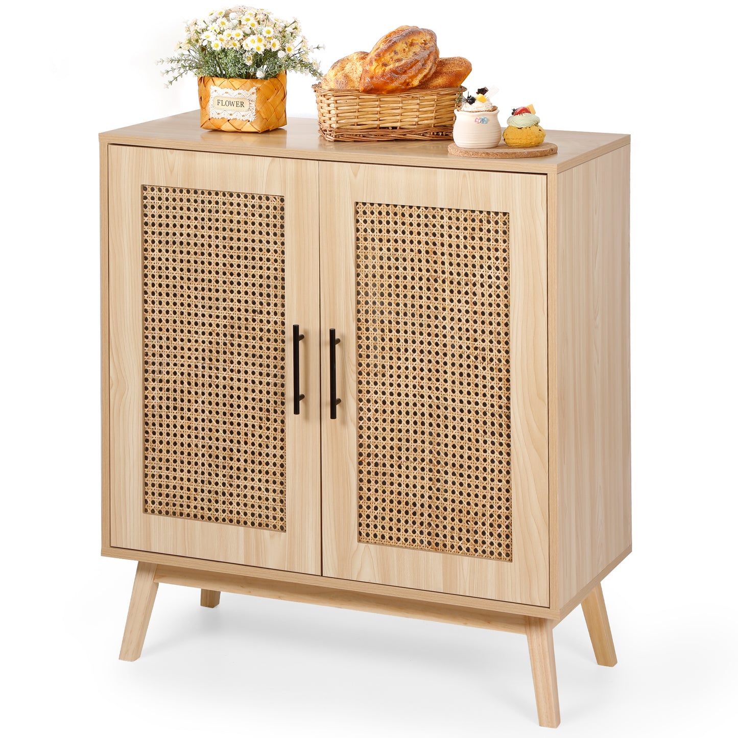 Sideboard Buffet Kitchen Storage Cabinet with Rattan Decorated Doors