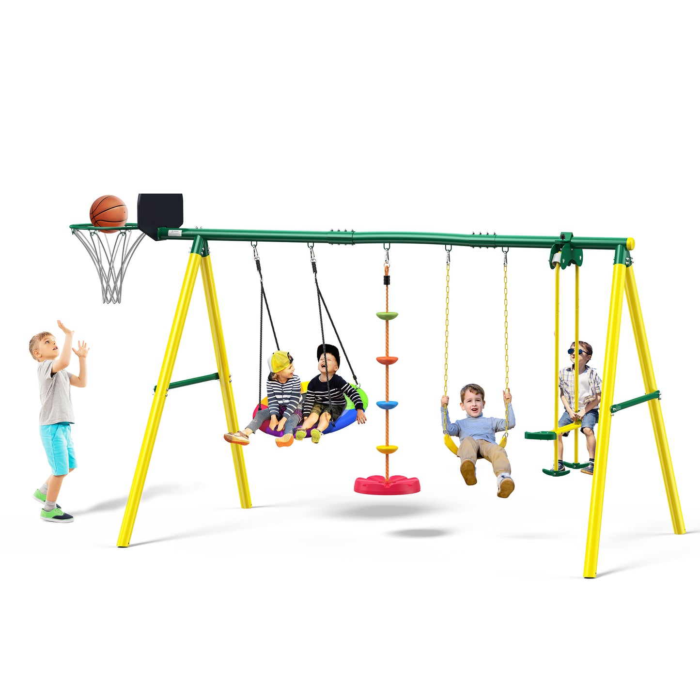 5 in 1 Metal Swing Sets for Backyard Outdoor with Saucer Swing Glider Rope Swing Belt and Basketball Hoop for Kids and Children