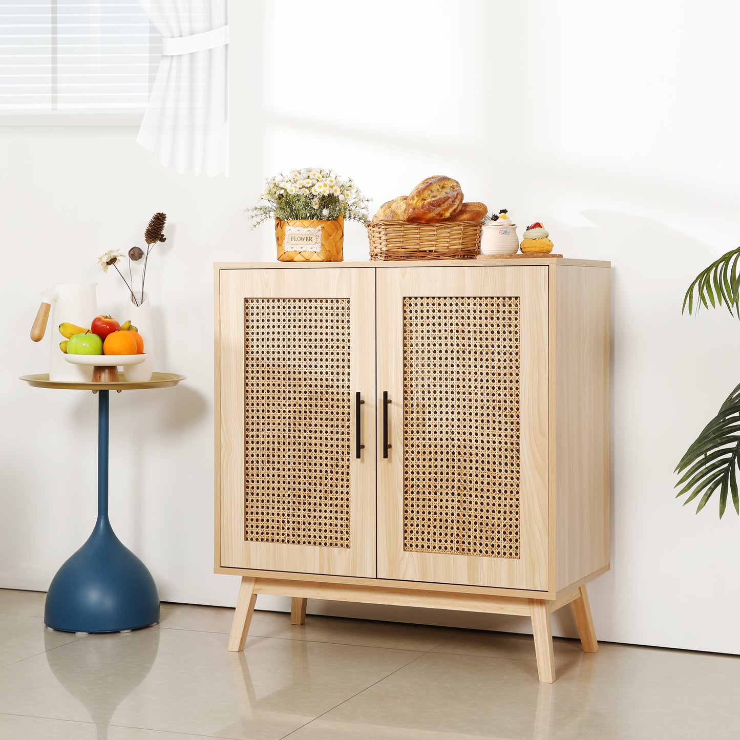 Sideboard Buffet Kitchen Storage Cabinet with Rattan Decorated Doors