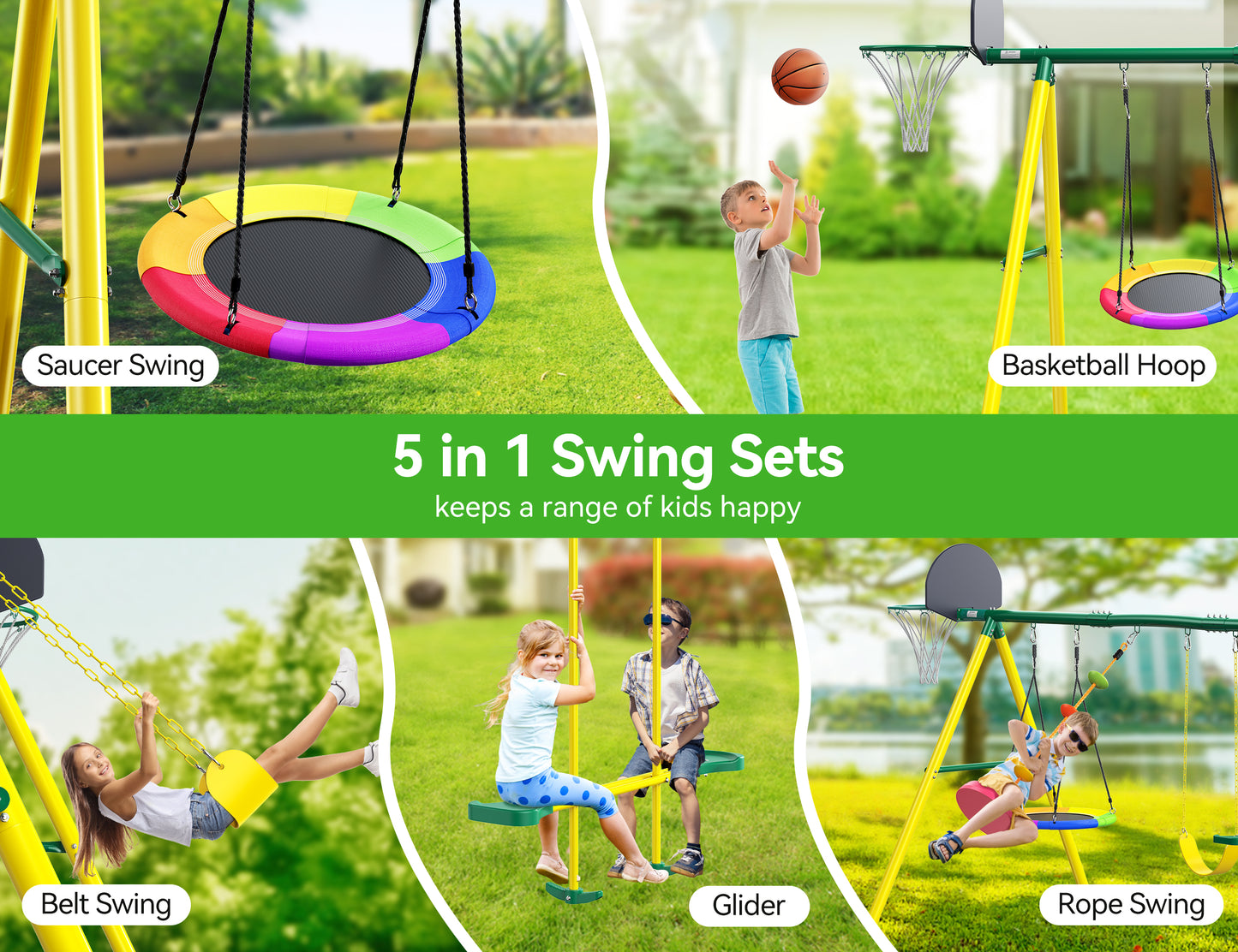 5 in 1 Metal Swing Sets for Backyard Outdoor with Saucer Swing Glider Rope Swing Belt and Basketball Hoop for Kids and Children