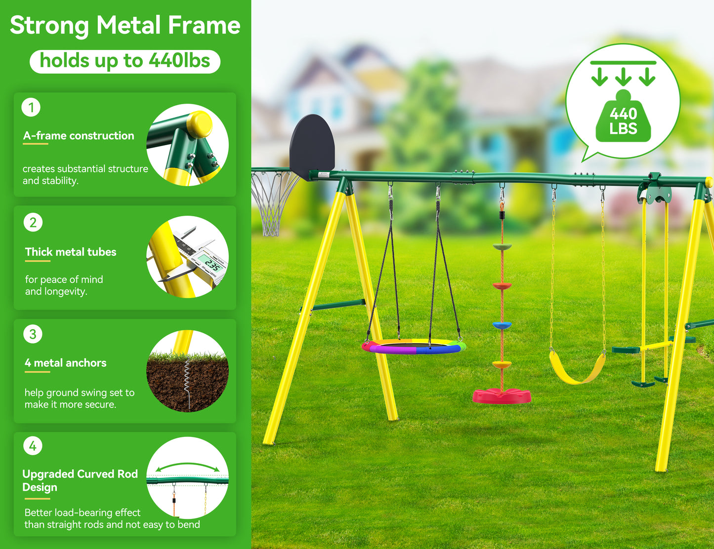 5 in 1 Metal Swing Sets for Backyard Outdoor with Saucer Swing Glider Rope Swing Belt and Basketball Hoop for Kids and Children