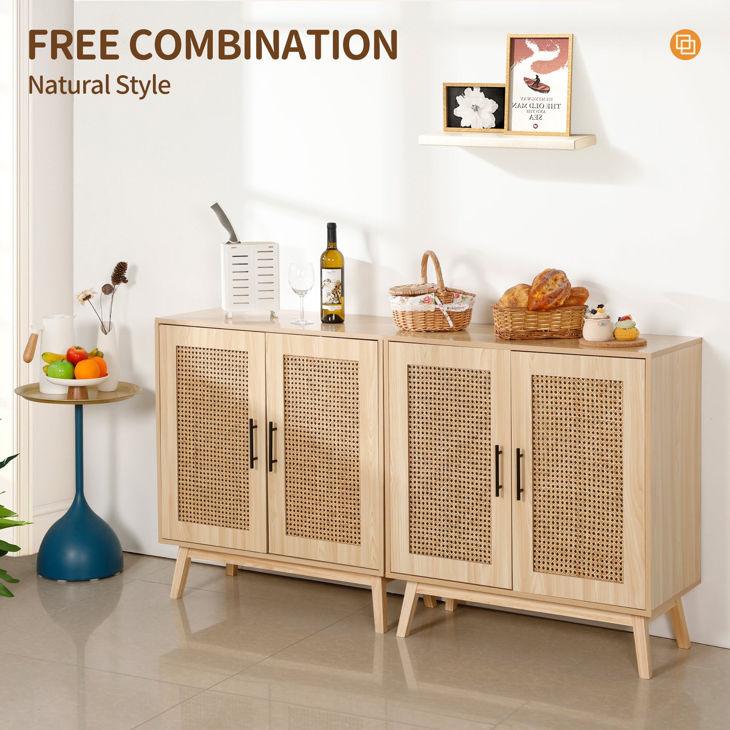 Sideboard Buffet Kitchen Storage Cabinet with Rattan Decorated Doors