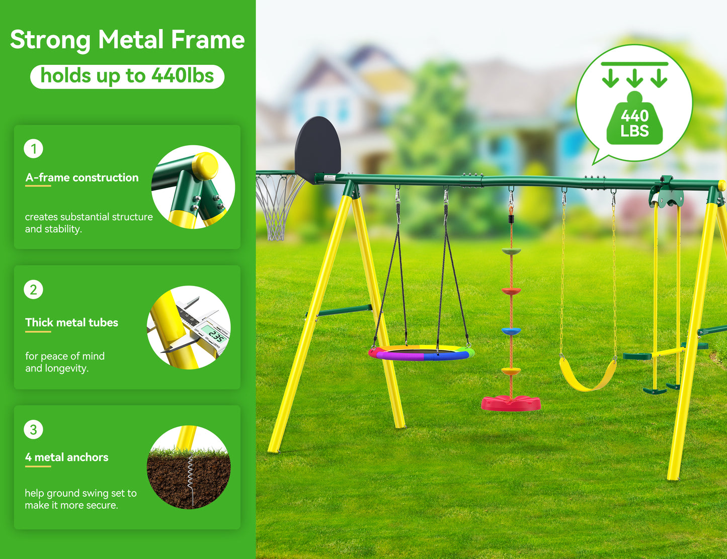 5 in 1 Metal Swing Sets for Backyard Outdoor with Saucer Swing Glider Rope Swing Belt and Basketball Hoop for Kids and Children