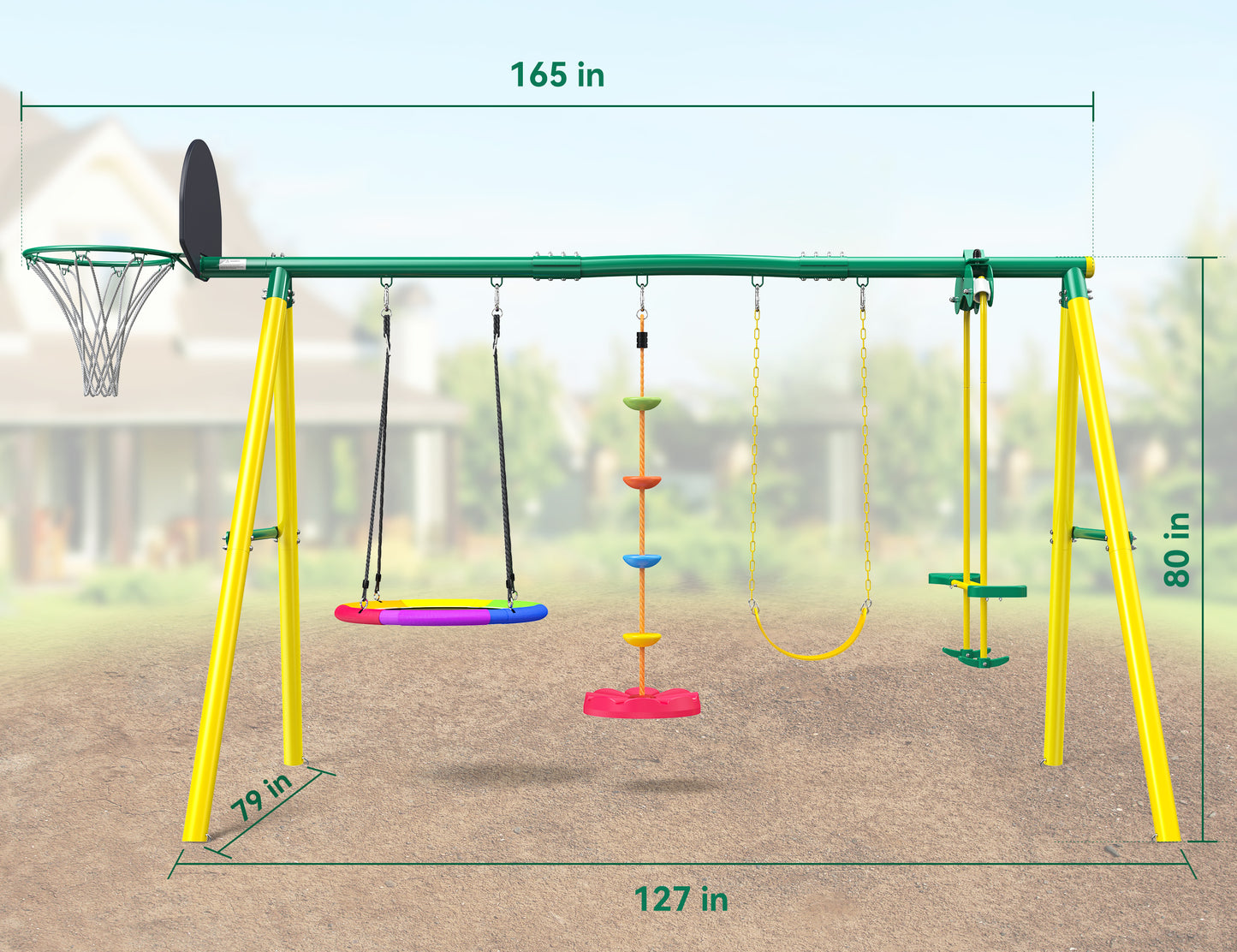 5-IN-1 Metal Swing Set for Backyard, Swing Sets Playground Swingset Outdoor for Kids with Saucer Swing/Glider/Rope Swing and Basketball Hoop
