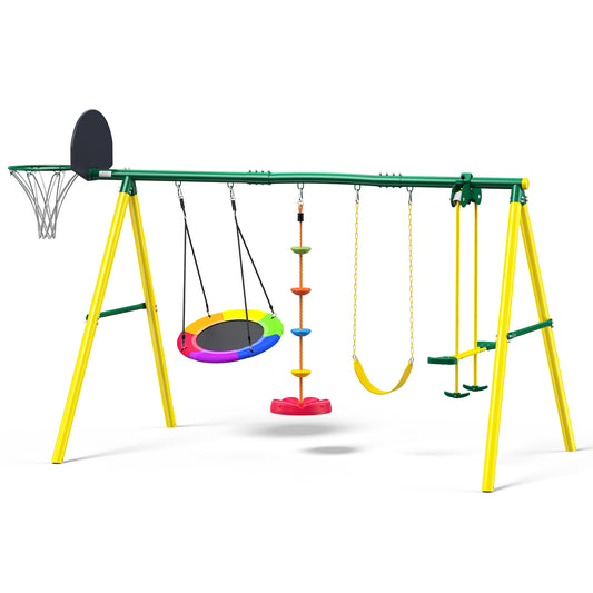 5-IN-1 Metal Swing Set for Backyard, Swing Sets Playground Swingset Outdoor for Kids with Saucer Swing/Glider/Rope Swing and Basketball Hoop