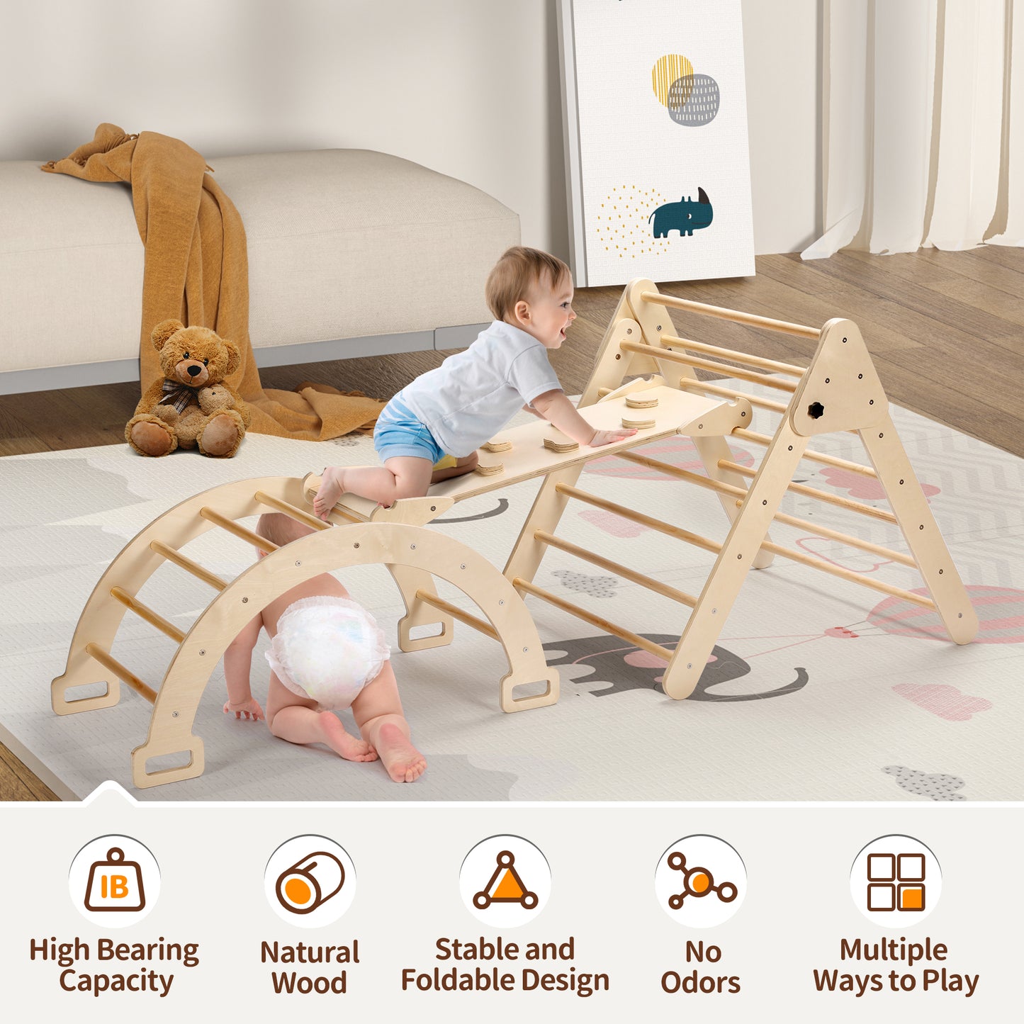 4-in-1 Wooden Climbing Toys Triangle Set Indoor Play Gym for Toddlers Kids