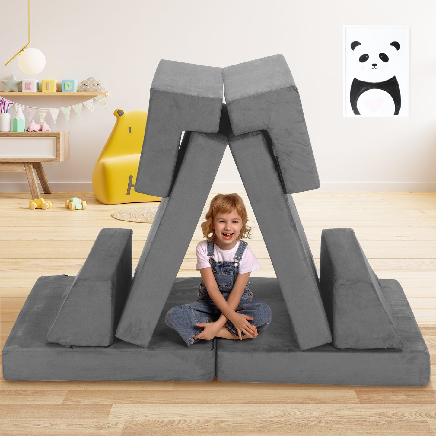 Kids Couch,EVMORE 8Pcs Modular Toddler Play Couch,Floor Sofa Imaginative Furniture Play Set for Bedroom Playroom,Convertible Folding Foam and Floor Cushion Toddlers Sofa for Creative Kids Gray