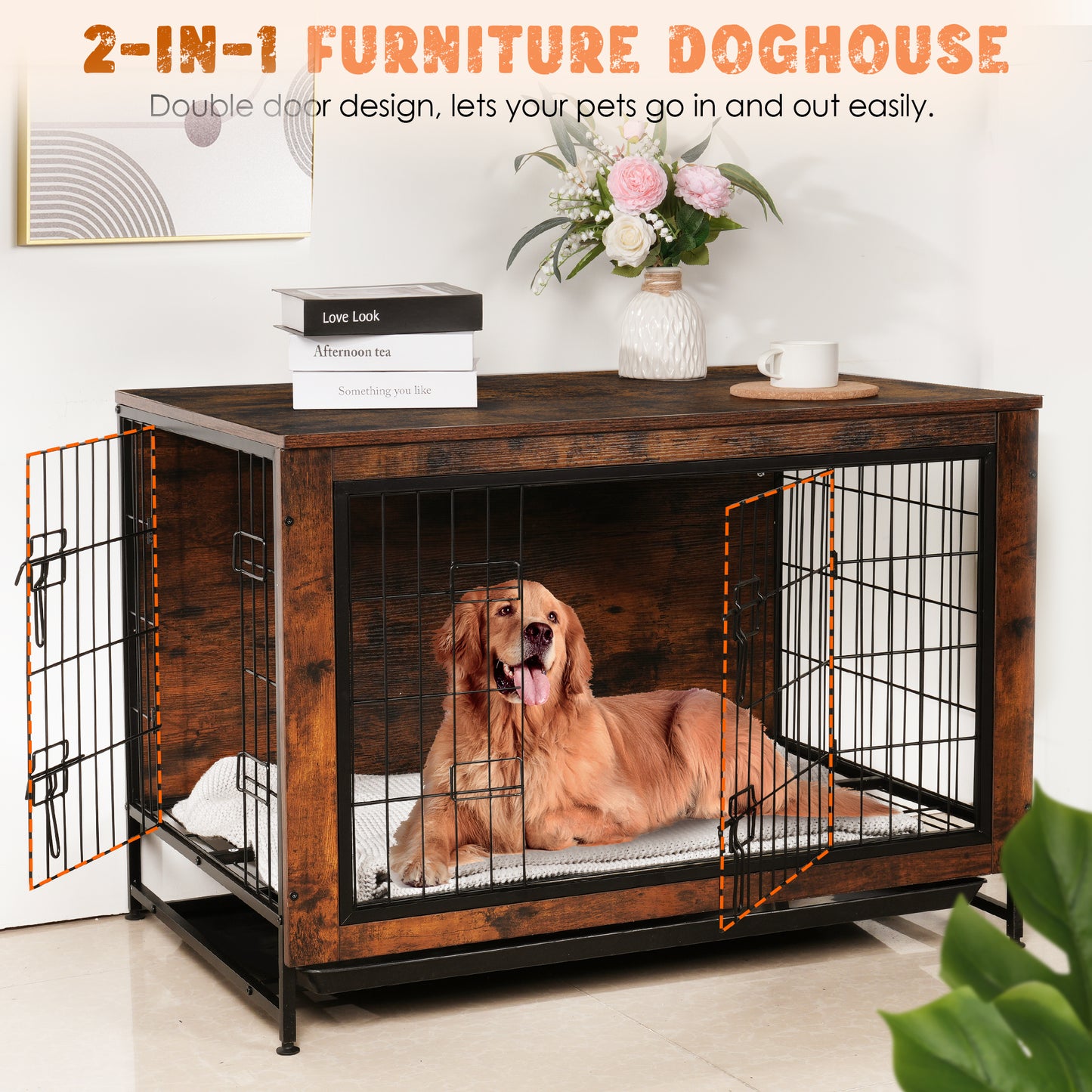 Wooden Dog Crate Furniture Kennel,EVMORE Heavy Duty Dog Crate,Double-Doors with Divider and Removable Tray,Dog Crate for Large Medium Small Dog 35.8"L x 25.6"W x 26.8"H,Brwon